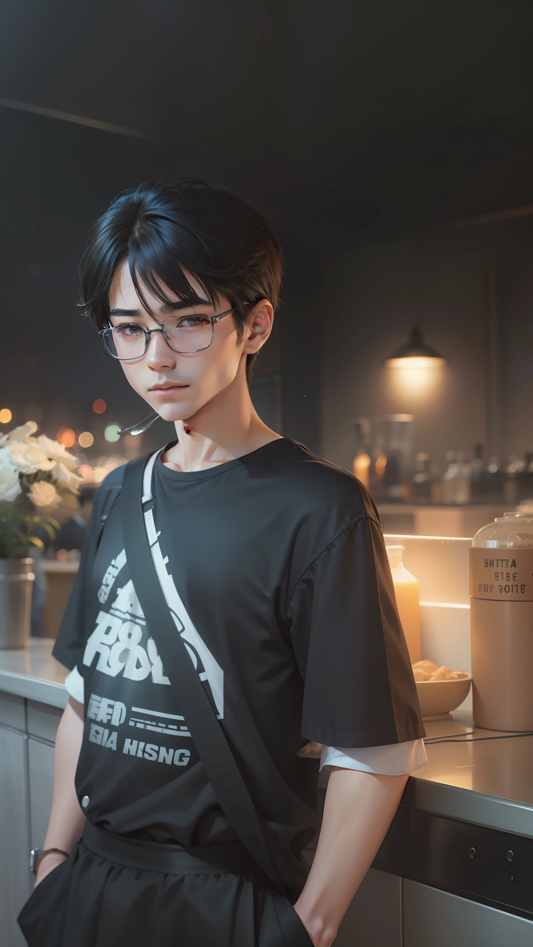 (8k, best quality, tmasterpiece:1.2), (realistic, photo-realistic:1.37), ultra - detailed, 1 boy, adolable, 独奏, Detailed café, the night, sitted, dated, (Nasal redness), (Keep one's mouth shut)flatchest, natta, Professional Dress, Sateen, (short detailed hair:1.2), Flutter NovaFrogStyle,toppless,