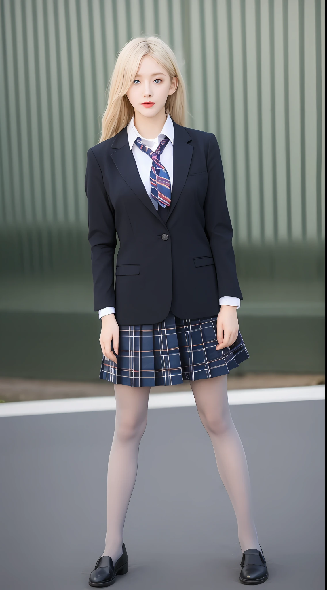 Hyohon,1girl,blue eyes,solo,rosy cheeks,thin lips,brown blazer,black skirt,pantyhose,(school uniform:1.1), (full body), (Kpop idol), (platinum blonde hair:1),breasts, black legwear, plaid, skirt, bow,polo shirt, sportswear, t-shirt, dress shirt,white shirt, bowtie, sport bra, looking at viewer,glasses case, trunk,camera,standing, glasses,