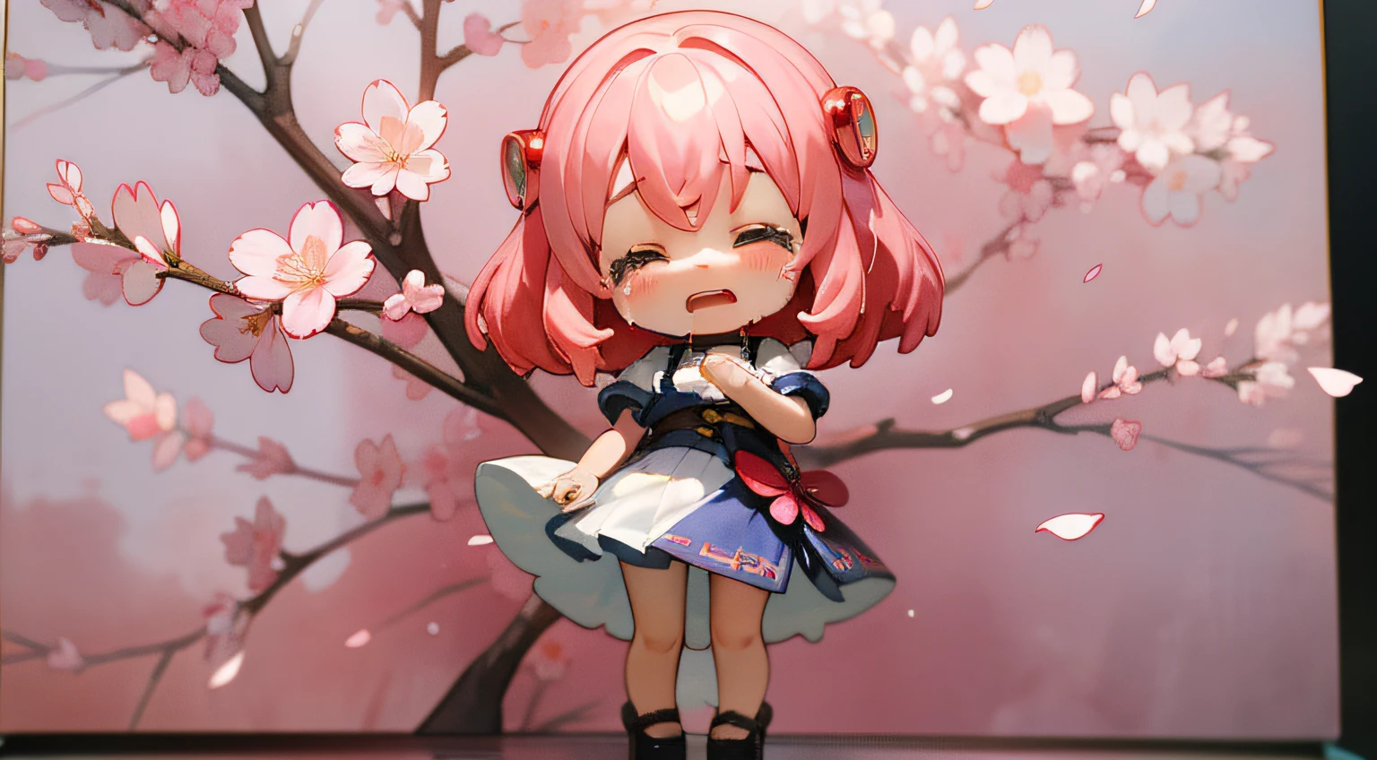 Doll standing in front of the painting、bionde、Crying face、Wiping tears、Close your right eye、Sengai、pixiv、rokoko、dollfie dream、watercolor Nendoroid、(High Definition Figure)、flowing sakura-colored silk、nendroid、,Cherry blossom petals、Flowing cherry blossom silk、season!!: 🌸 ☀ 🍂 ❄
