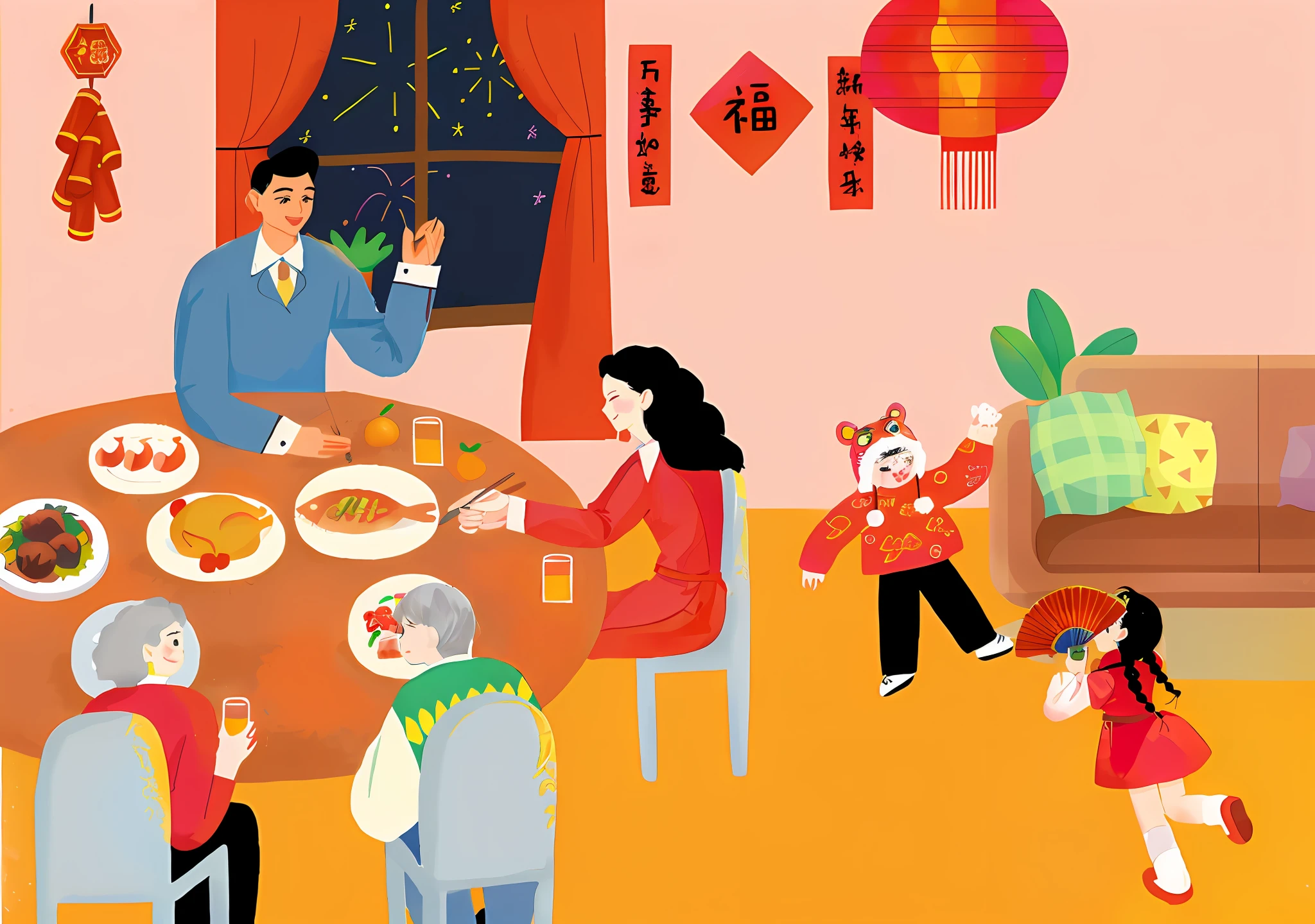 there are many people sitting at a table eating and drinking, Family dinner, author：Jeka Kemp, Stylized digital illustration, Flat illustration, 数字插图 -, Digital illustration, people inside eating meals, Colorful illustration, warm and joyful atmosphere, author：Catherine Scott, Chinese New Year in Shanghai, the table is full of food, author：Alice Mason, inspired by Lu Guang, UE5，children's，AS-Adult