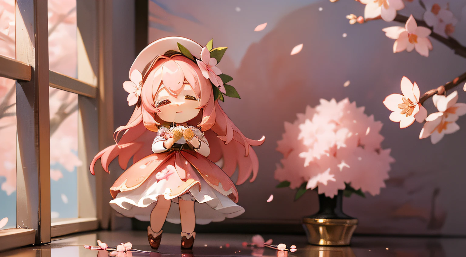 Doll standing in front of the painting、bionde、Crying face、Wiping tears、Close your right eye、Sengai、pixiv、rokoko、dollfie dream、watercolor Nendoroid、(High Definition Figure)、flowing sakura-colored silk、nendroid、,Cherry blossom petals、Flowing cherry blossom silk、season!!: 🌸 ☀ 🍂 ❄