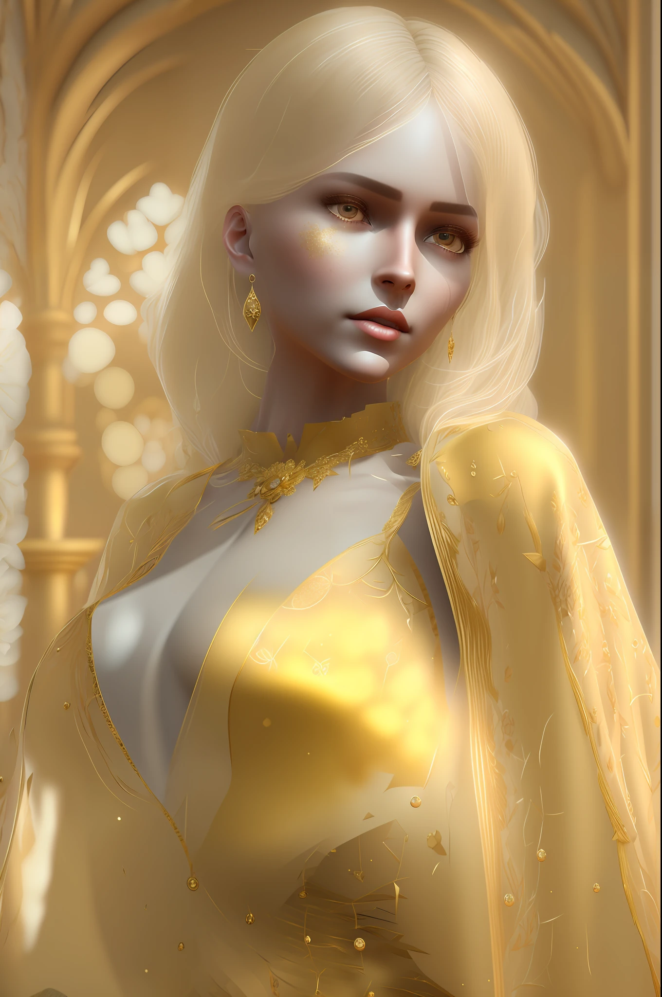 Ultra-detailed 8K CG，intricately details，delicate patterns，jewely，Pedras preciosas，gold，golden colored，golden theme，shiny，glittery，glittery，blond hairbl，yellow capelet，Yellow eyes，abundance，reputation，gothicarchitecture，