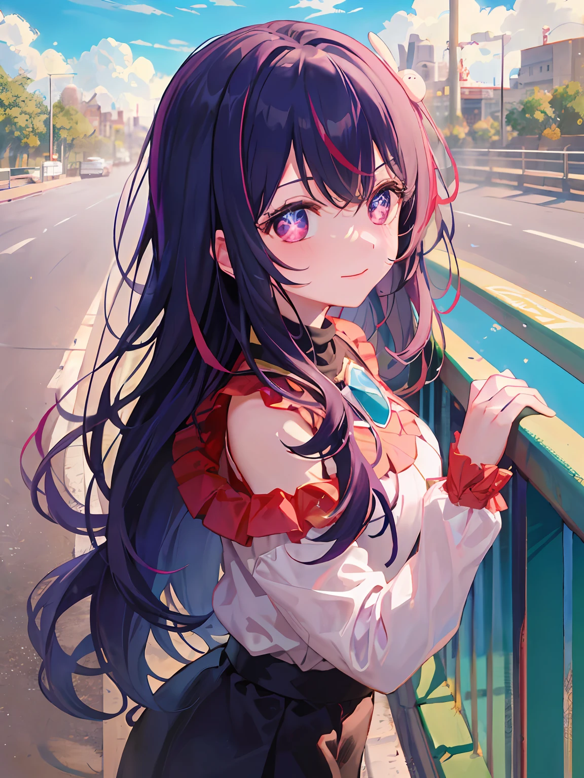 Hoshino Ai, long hair, purple hair, streaked hair ,purple eyes, star-shaped pupils, hair ornament,Candid photos of girls，Volumetriclighting，best shadow，shallowdepthoffield，Portrait of a beautiful girl，Delicate Beautiful Attractive Face，Charming sharp red eyes，Sharp eyebrows，Enjoying The Scenery，Keep one's mouth shut，（lovely small breasts），（ssmile），Layered long black double-sided curls、The wind blows、shairband、Blush Eyeshadow、Thick lashes、Red turtleneck on the cross、short- sleeved、perfect bodies，big breasts thin waist、Short black pleated skirt、Thigh notch、black high-socks、​​clouds、parks，Overpass guardrails、Back Shadow、Side view leaning on the railing、scapula、（HighestQuali、astonishing detail：1.25）、（solo person：1.3）、Brilliant and colorful paintings，cowboy lens