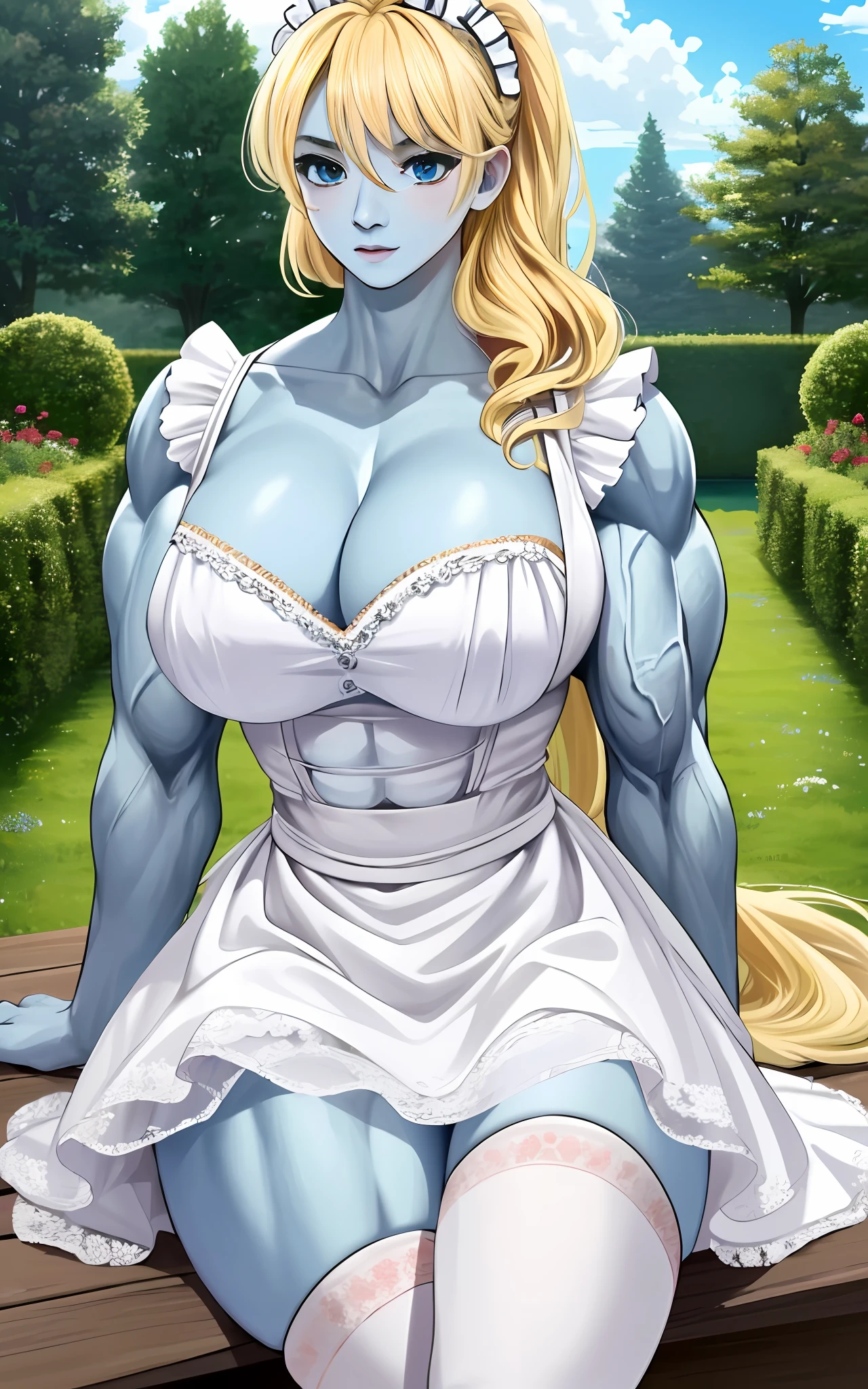 (1girll), huge tit, Breasts, Conque, Moisturizes skin, ,trpical garden , Maid outfit, s girl,realistic illumination,top Quority,8K,tmasterpiece,Muscular female,Muscular,Abs,(Blonde hair), (Blue skin:1.4),Claws,,Stockings