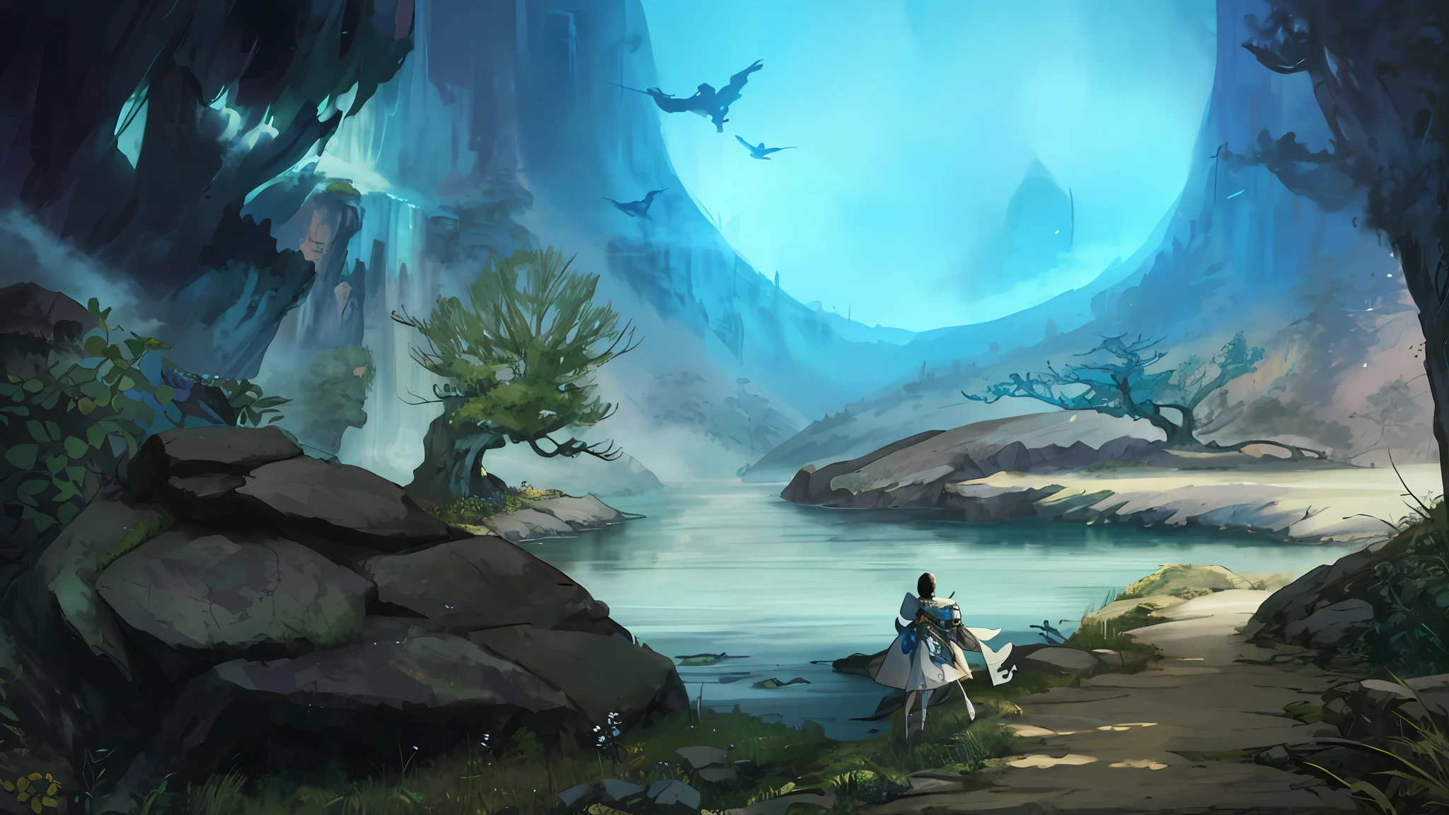 Mountain landscape painted with waterfalls and trees, Onmyoji detailed art, arte de fundo, background artwork, epic dreamlike fantasy landscape, Concept art wallpaper 4K, onmyoji, concept-art. epic landscapes, Detailed scenery —width 672, ethereal landscape, Dreamy landscape, dreamlike digital painting, Fantasy landscape painting, Fantasy art landscape,Moonlit lake