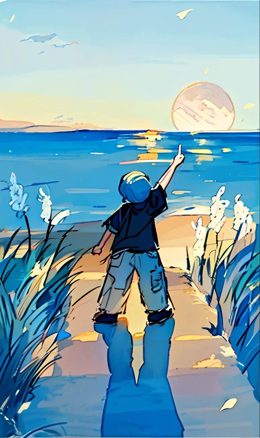 A girl points to the moon on a path by the sea, concept art of single boy, illustration!, inspired by Jessie Newbery, seeing the moon, inspired by Winslow Homer, Inspired by Raymond Briggs, Children's illustration, KIDS ILLUSTRATION, animated still, children's book illustrations, Inspired by George Lukes, animated movie still,the night