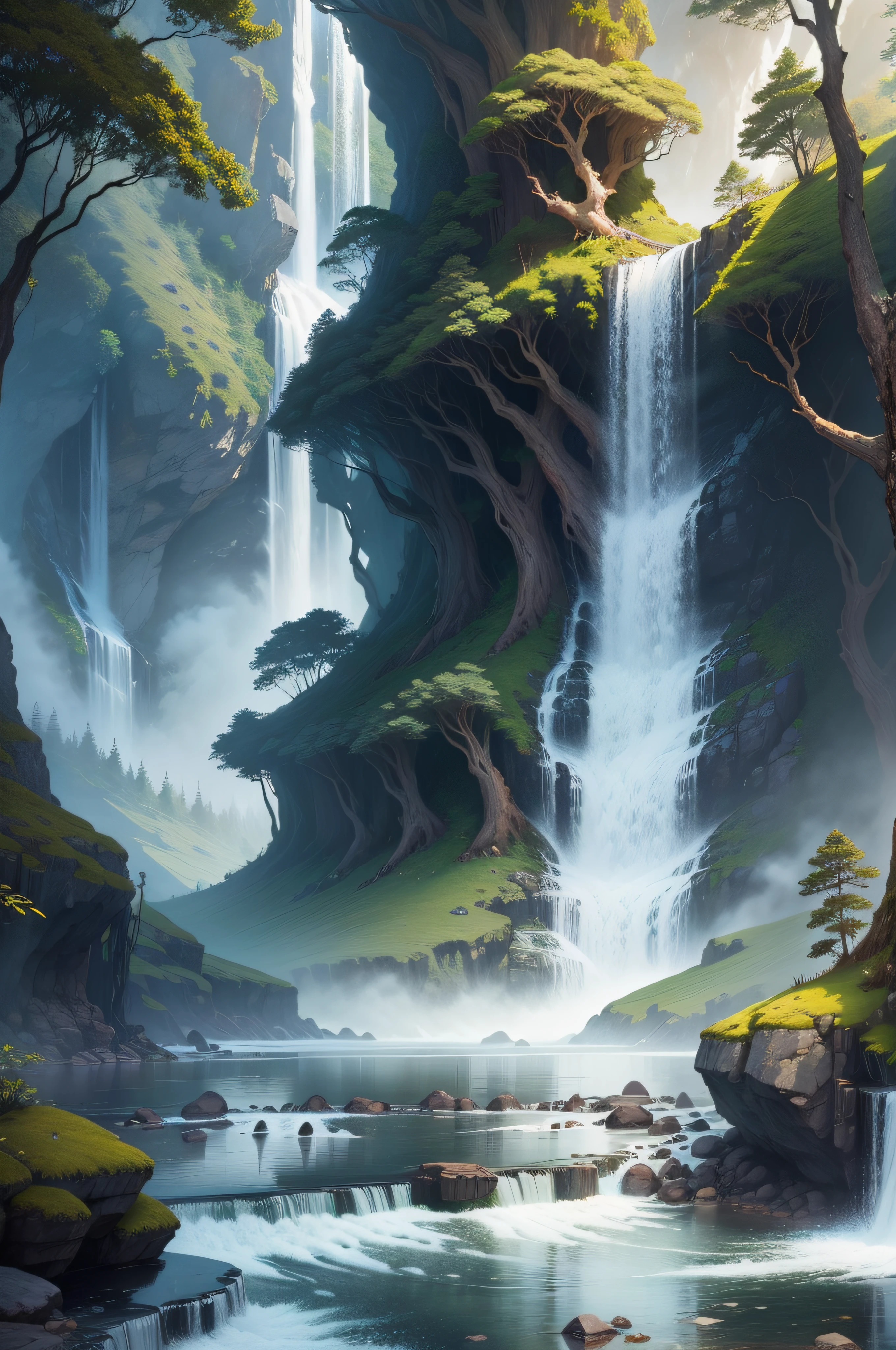"Create a Captivating Landscape Illustration with Exquisite Details, Depicting the Enchanting Beauty of Majestic Waterfalls and Tranquil Forests."