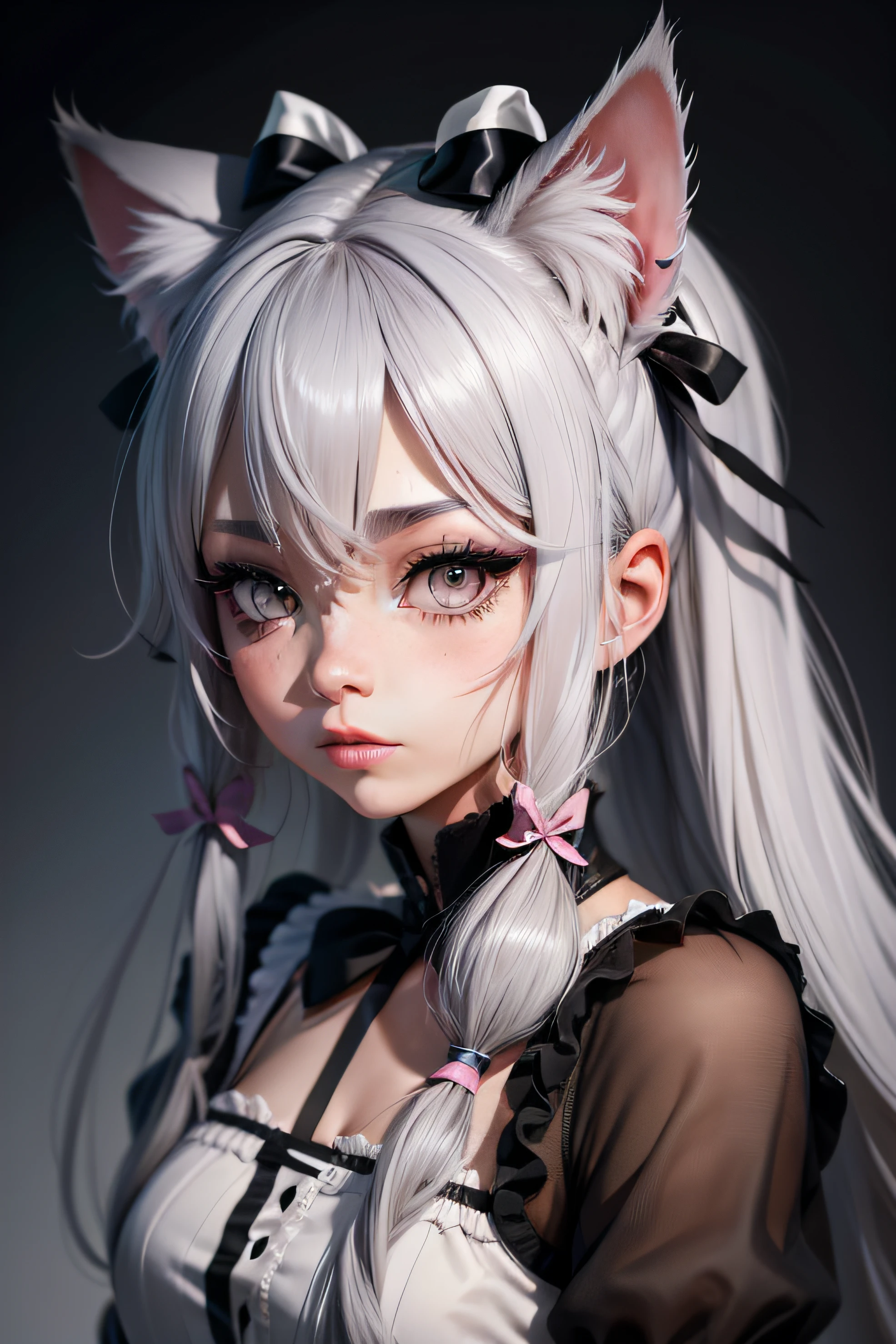 Kizi, grey hair, hair ribbon, rolling eyes, cat ears, blush, Surrealism, Conceptual art, cinematic lighting