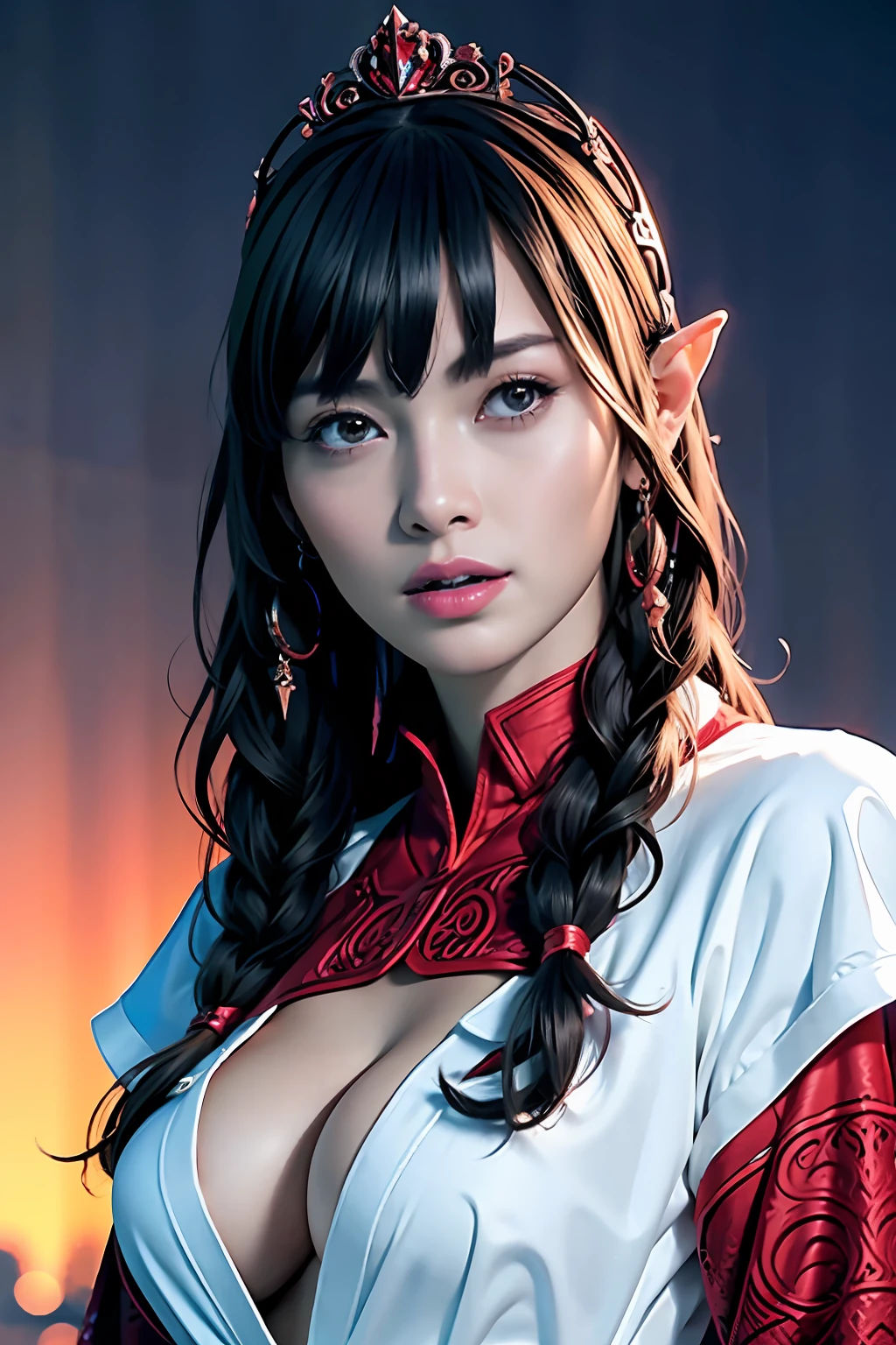 Ultra-detailed complex 3D rendering of face, (Colossal: 8.8), (masterpiece, top quality, octane rendering, 8K), glamour shot full body image, very beautiful young elf, cleavage, (very detailed skin: 1.2), (exposure: 1.1), brown-haired, ((wearing a plummeted open shirt of white silk: 1.10)), beautiful Caucasian woman with black skin with full soft breasts with big buttocks, Single, long braided hair, big breasts, dynamic angle, mystical expression, ultra-realistic photo, (((portrait)))), bare feet, futuristic urban background, facial muscles, detailed and beautiful queen gold crown, in the style of Marvel Comics, ArtStation trends, clear focus, studio photography, intricate details, very detailed, detailed red eyes, very detailed, Sharp Focus, Digital Rendering, Professional, Abs, Dark Grey Background,