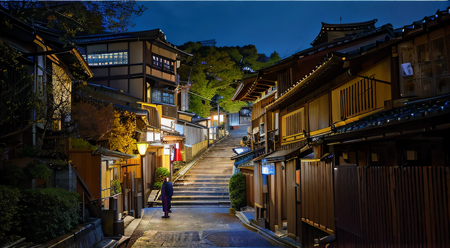 Alafer Alley,Stairs lead up to a building,kyoto japan setting, kyoto, japanese city at night, in a japanese town at night, kyoto inspired, japanese town, street japan, quiet tokyo alley at night, japan at night, Japan city, shutter inventory, japanese downtown, Ancient Japanese architecture, ancient city streets behind her