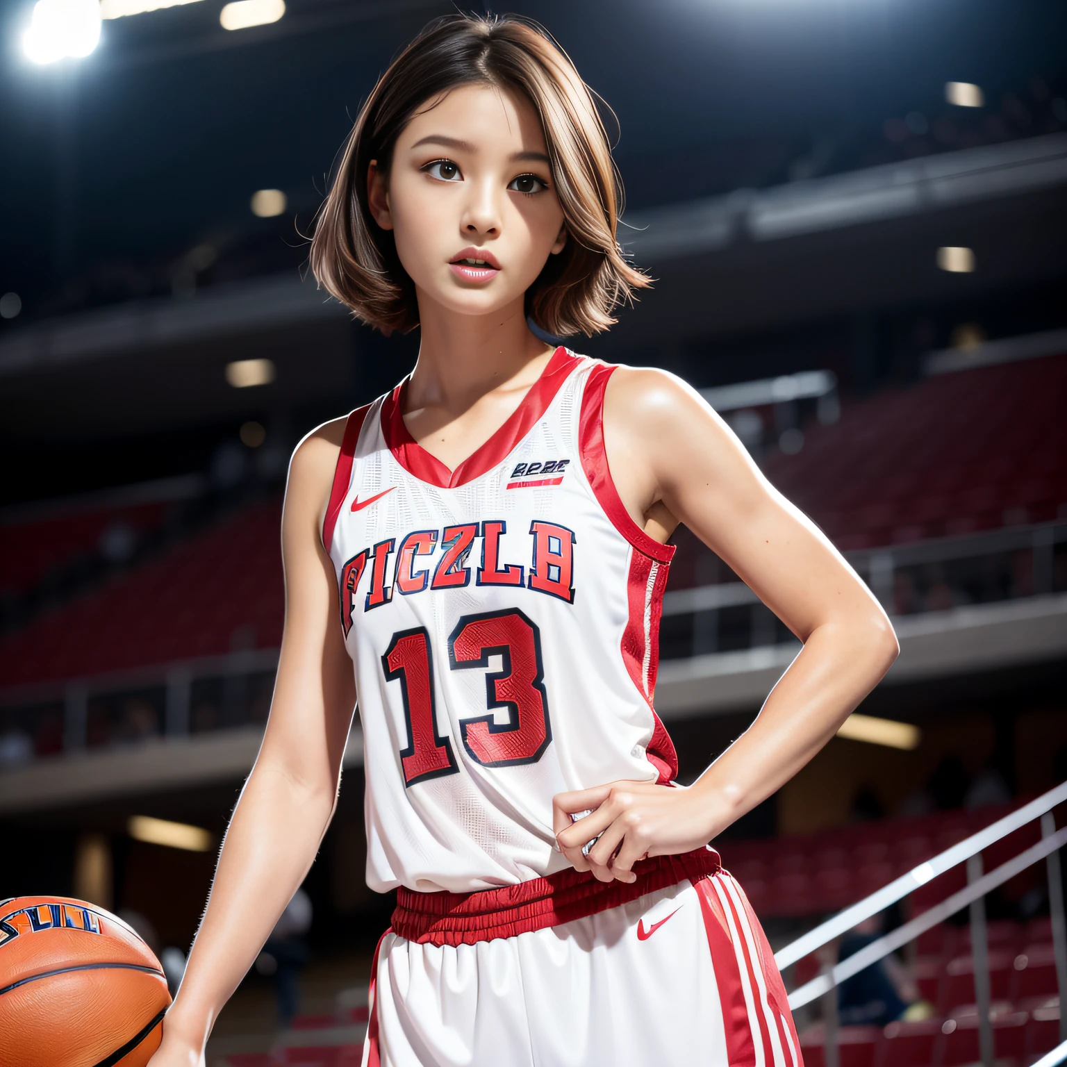8K分辨率,half-body photo,photorealestic),(1 female,18yr old,(Face fidelity:Sakai Izumi's facial features:1.4,Bones thin face,s delicate face),com rosto detalhado,(Light makeup),Beautiful face,com rosto detalhado,详细的脸,Ultra-fine makeup,Black colored eyes,Short hair micro-curls,(Windswept hair,Messy has layers),Redlip,Fair smooth skin,(Best Skin Type:1.21),mediuml breasts,(Loose men's basketball uniform,((Chest printing:SHOHOKU,Number 10 or number 11))),Tall and tall,Sweating after training,perfect hand,Perfect gripping position,Perfect posture,Ultra-fine clothing material),(expressioness:self-assured,exhilarated,Determination),(Light assist,profesional lighting),(colours:White or red)),(Golden section,Cinema lenses,Hasselblad photograp,tmasterpiece:1.3),(Cold and sexy,athlete,Sporty style,Artis,Official propaganda)