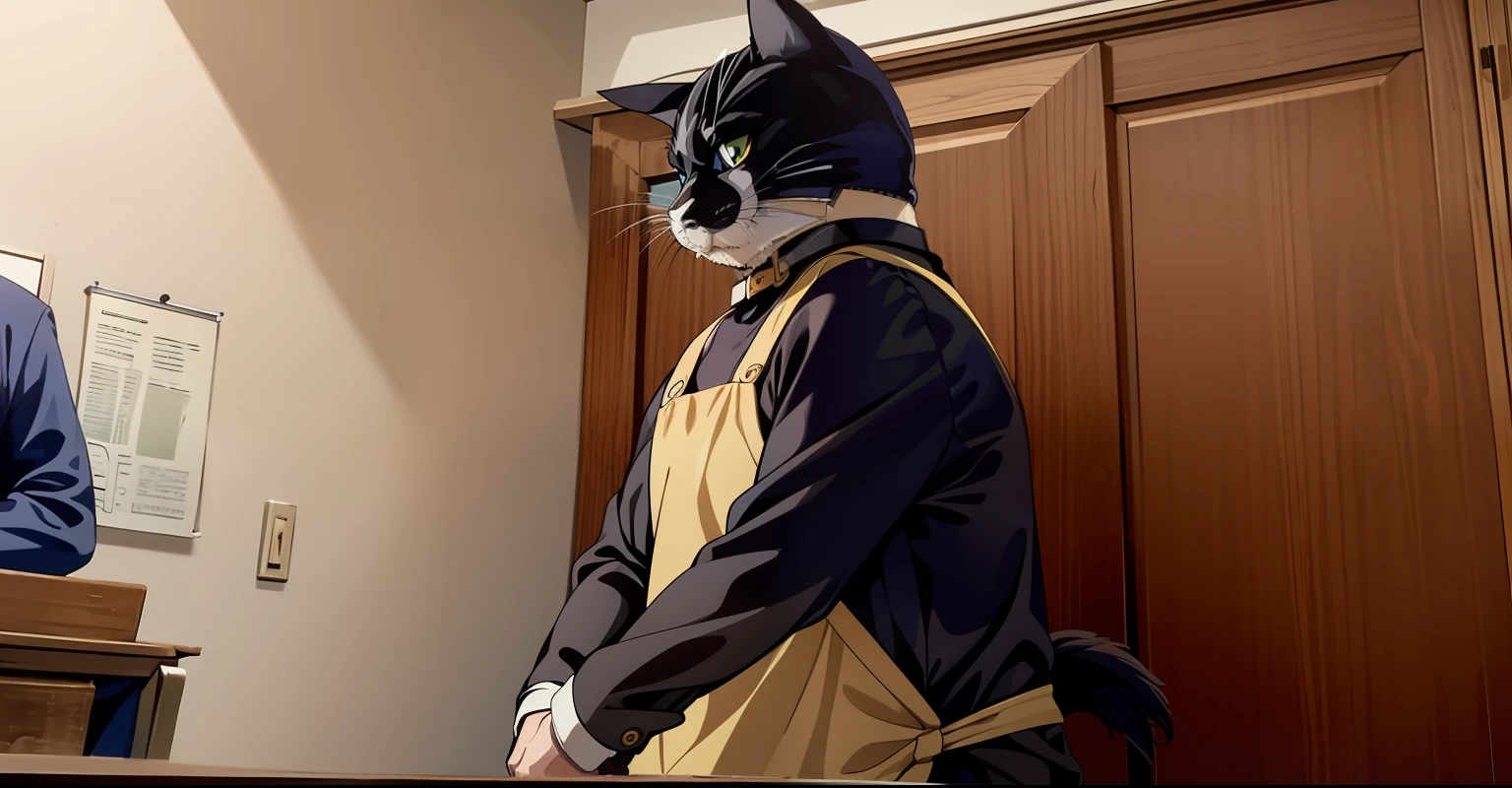 Leo, wearing a yellow apron, in an anime, posed as the cat in the picture