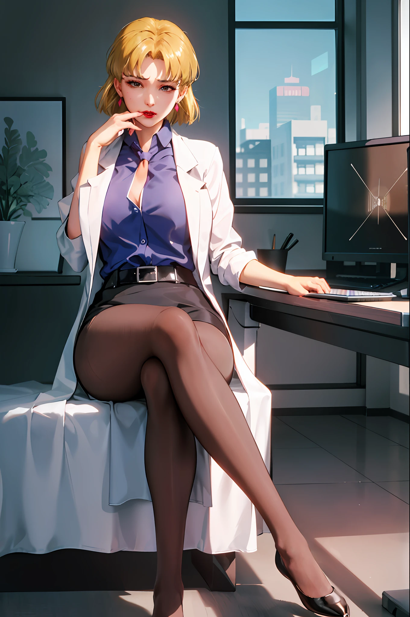 (masterpiece, best quality:1.2), 1girl, solo, sitting, office chair, desk, computer, coffee mug, short hair, large lips, bangs, blonde hair, brown eyes, large breasts, blue shirt, labcoat, pencil skirt, earrings, mole under eye, makeup, lipstick, red lips, legs crossed, leaning over, glowing eyes, shiny hair, lustrous skin, solo, embarrassed, full body, Nsfw, solo, 1girl, unamused, closed mouth, looking at viewer, hand on own face, sitting, crossed legs, collared shirt, necktie, skirt, pantyhose