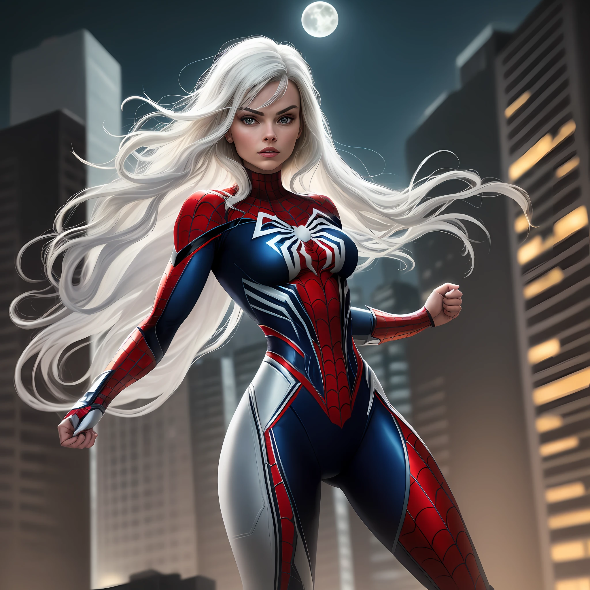 Margot Robbie (Masterpiece, 4k resolution, ultra-realistic, very detailed), (White superhero theme, charismatic, there's a girl at the top of town, wearing Spider-Man costume, she's a superhero), [ (25 years), (long white hair:1.2), full body, (blue eyes:1.2), ((Spider-Man pose),show of strength, jumping from one building to another), ((sandy urban environment):0.8)| (cityscape, at night, dynamic lights), (full moon))] # Explanation: The Prompt mainly describes a 4K painting of ultra-high definition, very realistic, very detailed. It shows a superheroine at the top of the city, wearing a Spider-Man costume. The theme in the painting is a white superhero theme, the female protagonist has long white hair, is 25 years old and her entire body is shown in the painting. In terms of portraying the actions of superheroines, spiders are employed