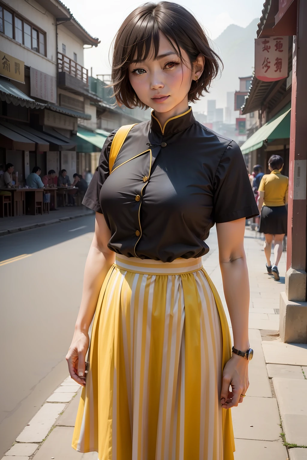 You are a master photographer，Please take a picture for me，is an authentic middle-aged woman in central China，Short hair yellow，Striped long skirt，Slightly fat