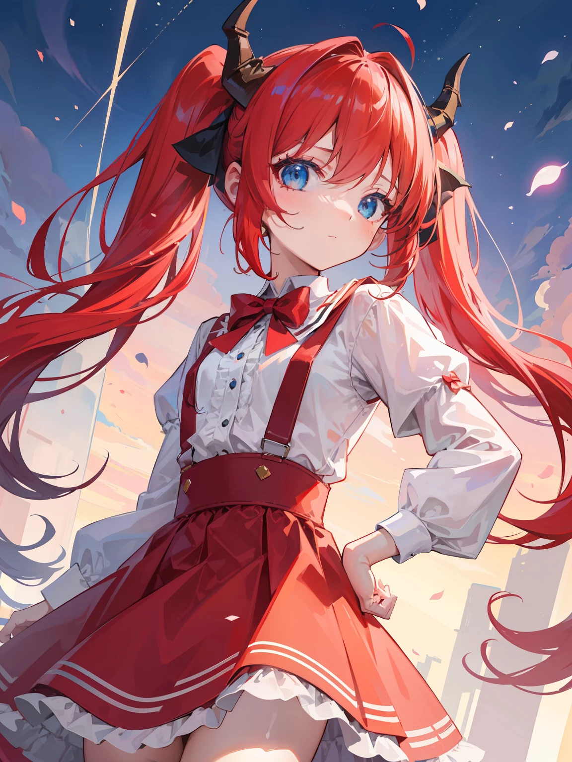 {{best quality}}, {{masterpiece}}, {{ultra-detailed}}, {illustration}, {detailed light}, red hair,blue eyes,twintails,lolita,Suspenders skirt,Fantastic,loli,solo,Dragon horns,little girl,long hair
