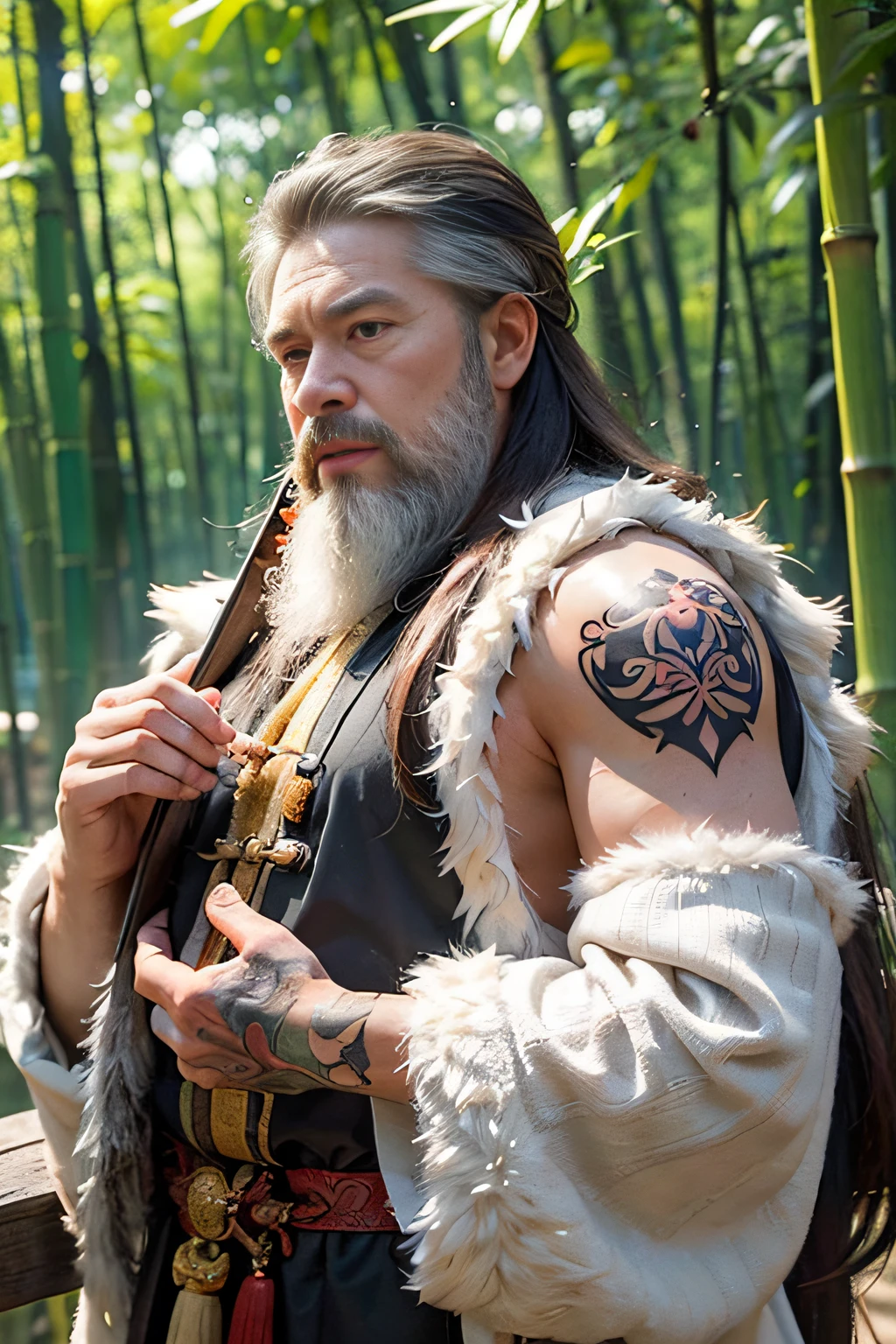best qualityer, Guanyu, Male focus, (50-year-old Chinese grandfather: 1.5), (Chubby:0.5), (Anger: 1.5), (Blush: 1.5), (heavy breath: 1.5), (Big eyes: 1.5), (white body fur: 1.5) (White long hair: 1.5), (long and thick white beard: 1.5), (wrinkly skin: 1.5), (tattoo: 1.5), High, Sackcloth clothes, Big
, Hairpins, exteriors,temples,summertime,bamboo forest background。
