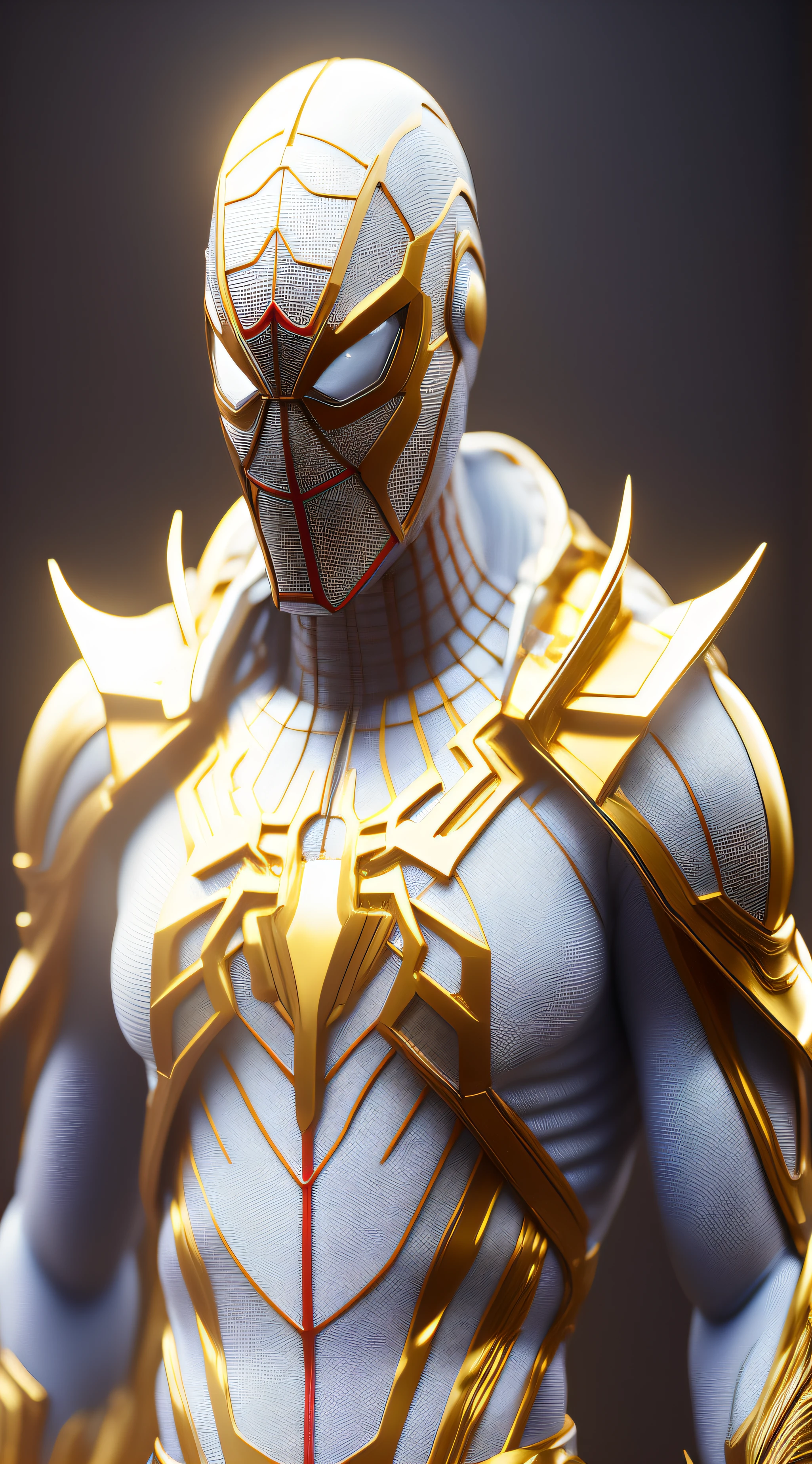 ironman a close up of a statue of a man with a gold and white costume, super detailed render, 3 d render character art 8 k, intricate white and gold armor, full samurai armor ironman, high detail iconic character, 8k render”, octane render ”, octane render”, super detailed octane render, super rendered in octane render, hyper detailed 3 d render, futuristic style spiderman