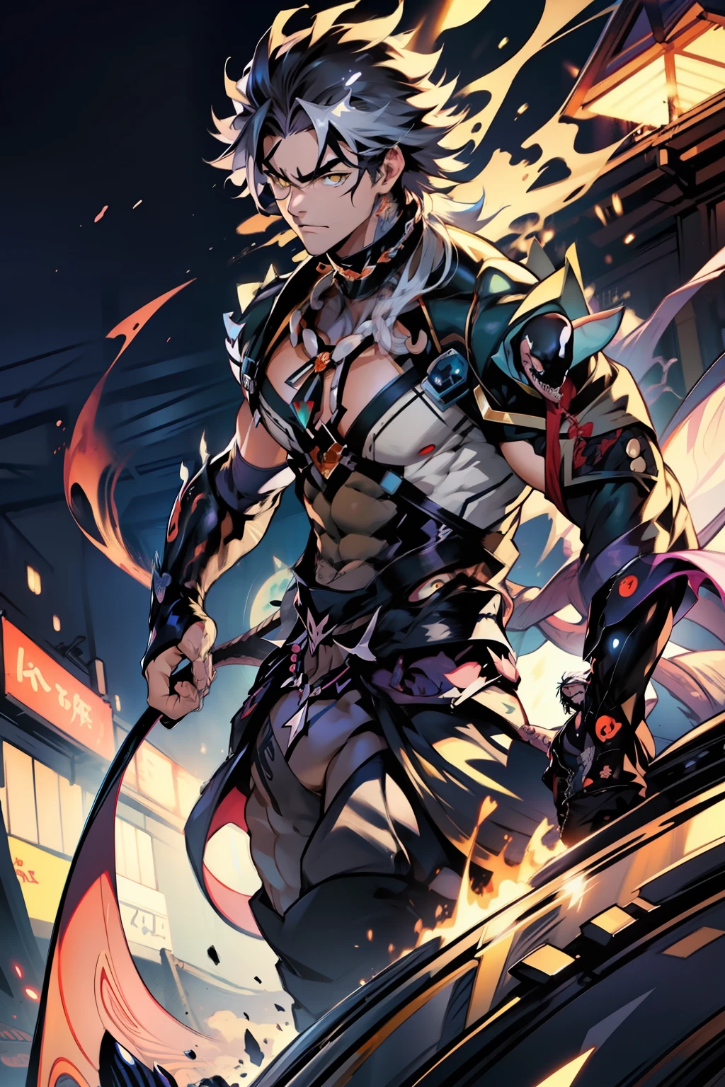 《the original god》Arataki Kazuto , male people,,((Masterpiece)), ((Best quality)), Ultra detailed,((illustration)), Dynamic Angle, Detailed light, (Delicate eyes), Floating, 1boy, Male focus, Head, Clothing, Yellow eyes, necklace, tattoo, (Forehead:0.8), (ahoge:0.8), jewelry, apathy,Ray, chest muscle, Sexy , Venom symbiote for your body, Black mucus of the body , (into venom), Venom,frontage,style of anime4 K, 4K anime wallpaper, Badass anime 8 K, 4 k comic wallpaper, young anime man, Anime boys, Anime wallpapers 4 k, Anime wallpaper 4K, High quality anime art style, Anime moe art style, Anime art wallpaper 8 K, Anime art wallpaper 4 K, RGB lighting