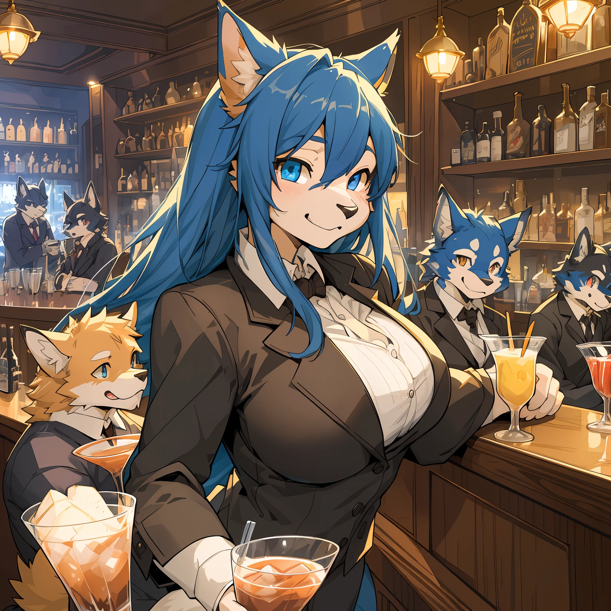 top quality, best quality, High-quality illustrations, masterpiece, super high resolution, detailed background, bartender, bar, cocktail, 6+boys, 6+girls, absurdres(highly detailed beautiful face and eyes)perfect anatomy, expression, good lighting, cinematic shadow(kemono, furry anthro)assorted poses, dynamic angle,