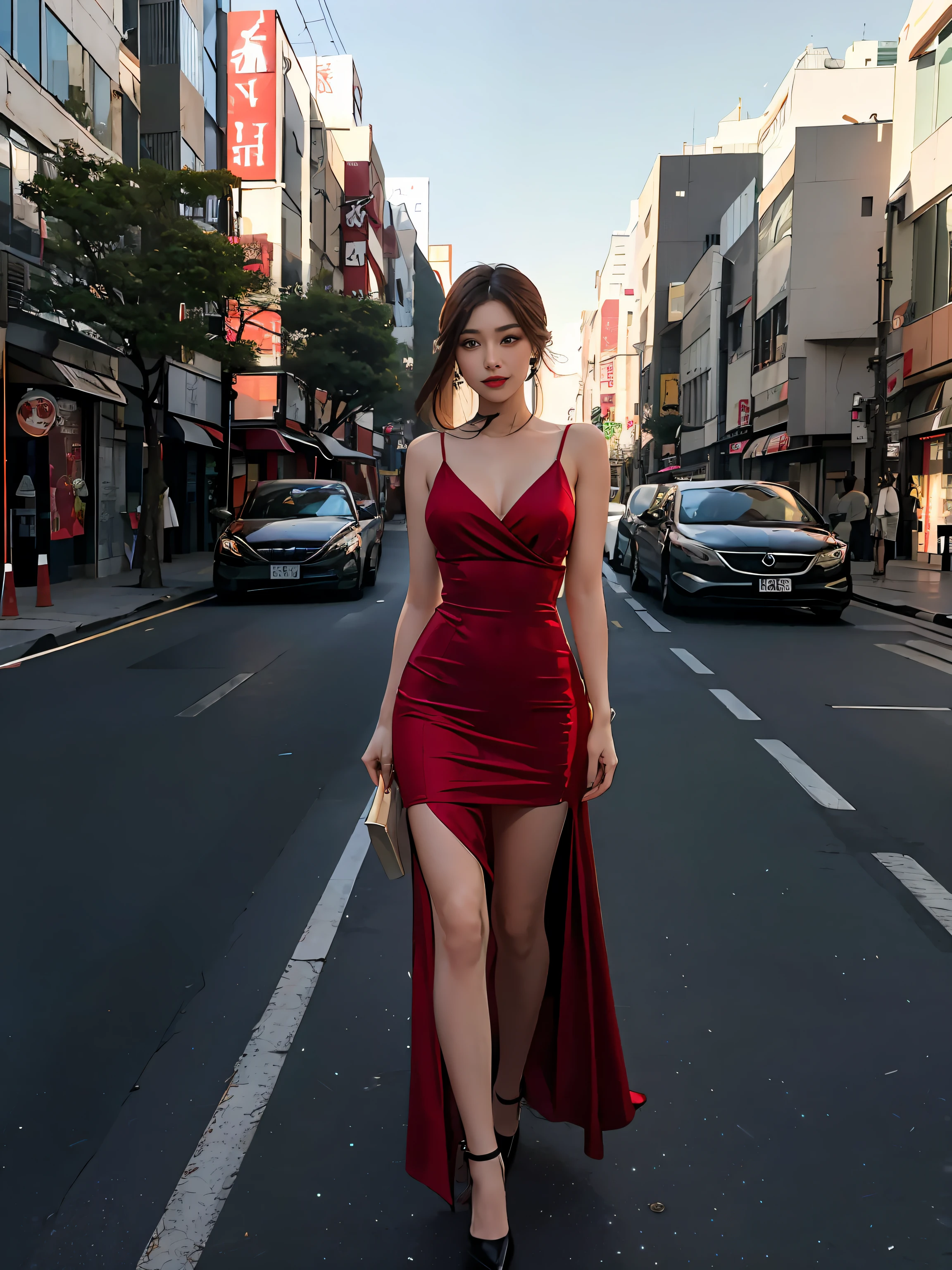 araffe woman in a red dress walking down a street, Wearing a red dress, in a red dress, girl wears a red dress, Dressed in elegant dresses, Red dress, wearing red formal attire, in a tokyo street, Wearing a gorgeous dress, posing in an urban street, wearing evening gown, wearing red attire, sexy red dress