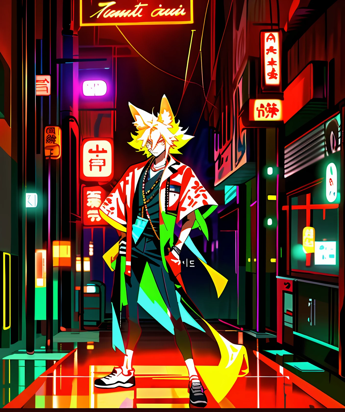 （tmasterpiece，best qualtiy），1 handsome fox standing in the corridor and on the street corner，Do handsome poses，Flashing neon lights，Wear hip-hop costumes