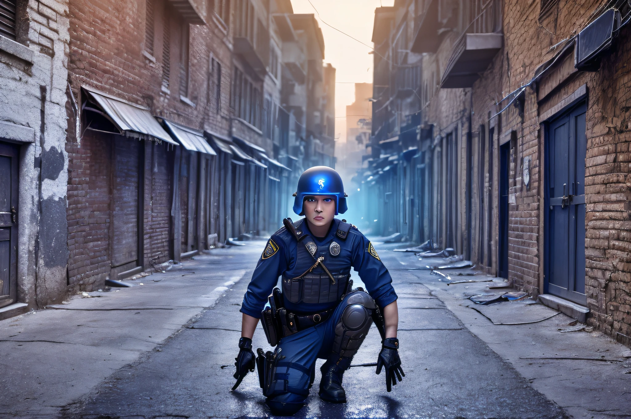 Beautiful swat girl fights and catches killer in the alley, short hair, blue eyes, Conceptual art, best photo shot, glowing light, realistic, UHD, textured skin, masterpiece, anatomically correct, best quality, 8k, full body, police line