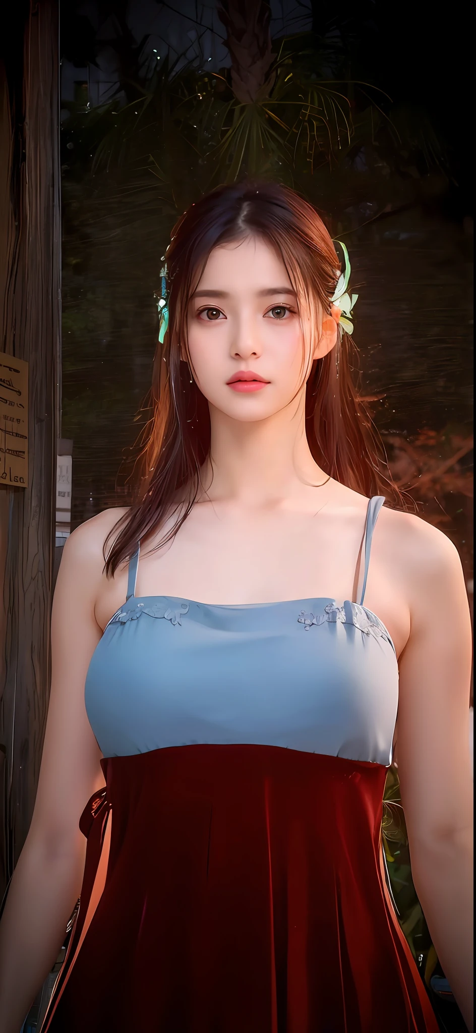 random pose, mix4, (8k, RAW photo, best quality, masterpiece: 1.45), (realistic, photorealistic: 1.37), one girl, cute, cityscape, night, rain, wet, professional lighting, photons mapping, radiosity, physically based rendering, gradient black hair, gray hair, short curly hair, handsome, girl, Deep V-neckline slip dress, top quality photo, high res, 1080p, (clear face), (detailed face description), (detailed hand description), (masterpiece), (exquisite CG), extreme light and shadow, disheveled hair, master work, rich details, (fine facial features), (highest quality photo), (masterpiece), (detailed eyes), look in front of you eyes, fine clavicle, ((large breasts)), big breast,