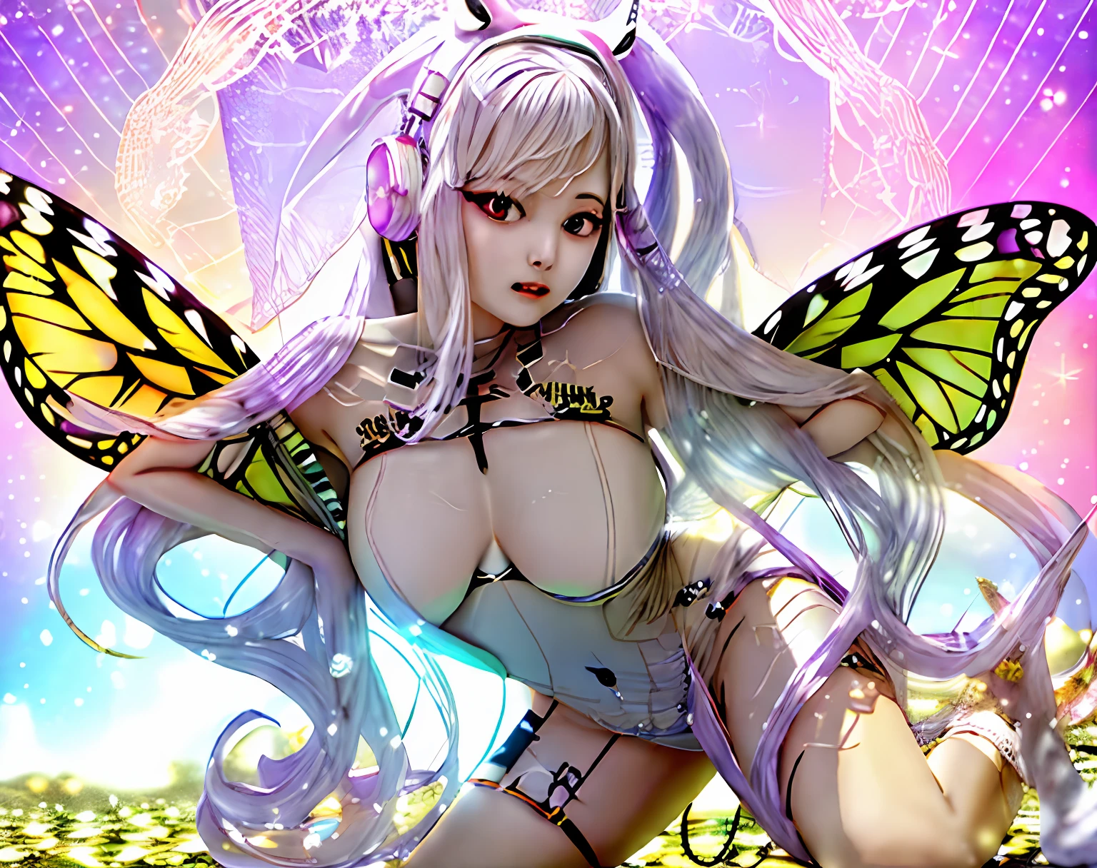1girll, Planes, Planes, Animal, antennas, bangs, Bare_bshoulders, Barefoot, honeybee, Beetle, Bird, Bird cage, Blue_Butterfly, Breasts, Bugs, Butterfly, Butterfly_Hair_decorations, Butterfly_Net, Butterfly_On_hand, Butterfly_print, Butterfly_Wings, cage, Center_opening, cleavage, crystal, dragonfly, Fairy, Fairy_Wings, mitts, Glowing_Butterfly, Hair_decorations, hand_Net, insect_Wings, kashiwazaki_Year's on, Large_Breasts, Long_Hair, Looking_at_Animal, Looking_at_peeping at the viewer, navel, Night, Night_sky, origami, Paper_Crane, parted_Lips, purple_Eyes, Silk, Sitting, Solo, spider, spider_web, Star_\(sky\), Starry_sky, Very_Long_Hair, White_Butterfly, Wings, Yellow_Butterfly,White color hair,,Solemn,Noble,dream magical,Sick,shackle,Playing,control,(Plump 2.0),Show love,Chains,binding,(Ahh.0),(There is an unknown white liquid on the lower body3.0),(Malu:2.0),(Wedding dress 3.0)