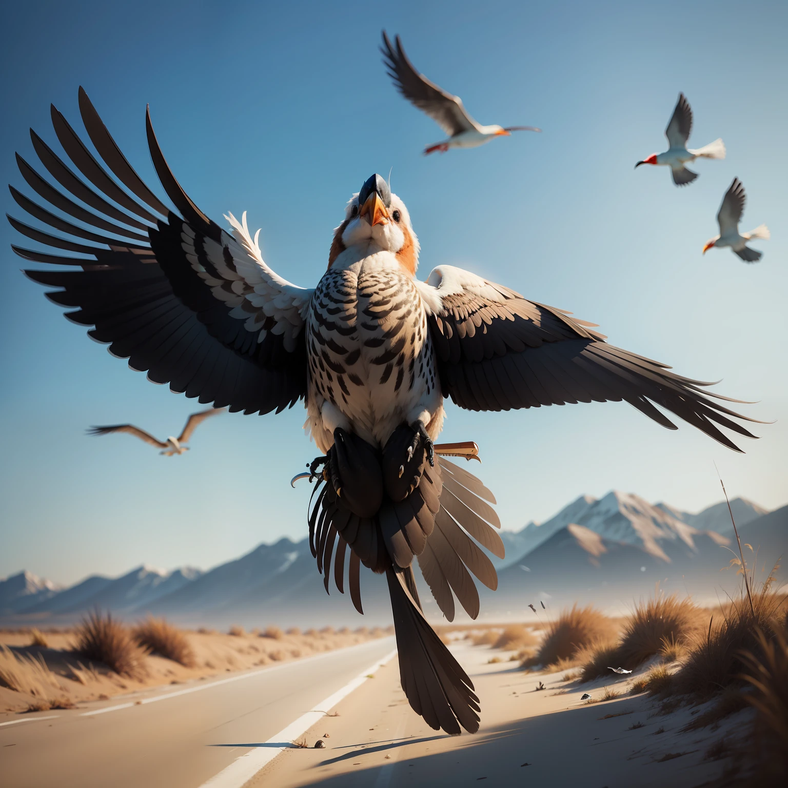 A bird chases humans with a shotgun