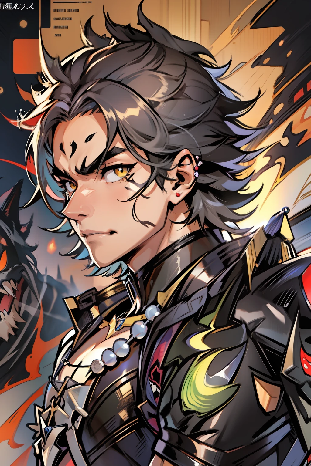 《the original god》Arataki Kazuto , male people，，((Masterpiece)), ((Best quality)), Ultra detailed,((illustration)), Dynamic Angle, Detailed light, (Delicate eyes), Floating, 1boy, Male focus, Head, Clothing, Yellow eyes, necklace, tattoo, (Forehead:0.8), (ahoge:0.8), jewelry, apathy，Ray， chest muscle， Sexy , Venom symbiote for your body, Black mucus of the body , （into venom）, Venom，frontage，style of anime4 K， 4K anime wallpaper， Badass anime 8 K， 4 k comic wallpaper， young anime man， Anime boys， Anime wallpapers 4 k， Anime wallpaper 4K， High quality anime art style， Anime moe art style， Anime art wallpaper 8 K， Anime art wallpaper 4 K， RGB lighting