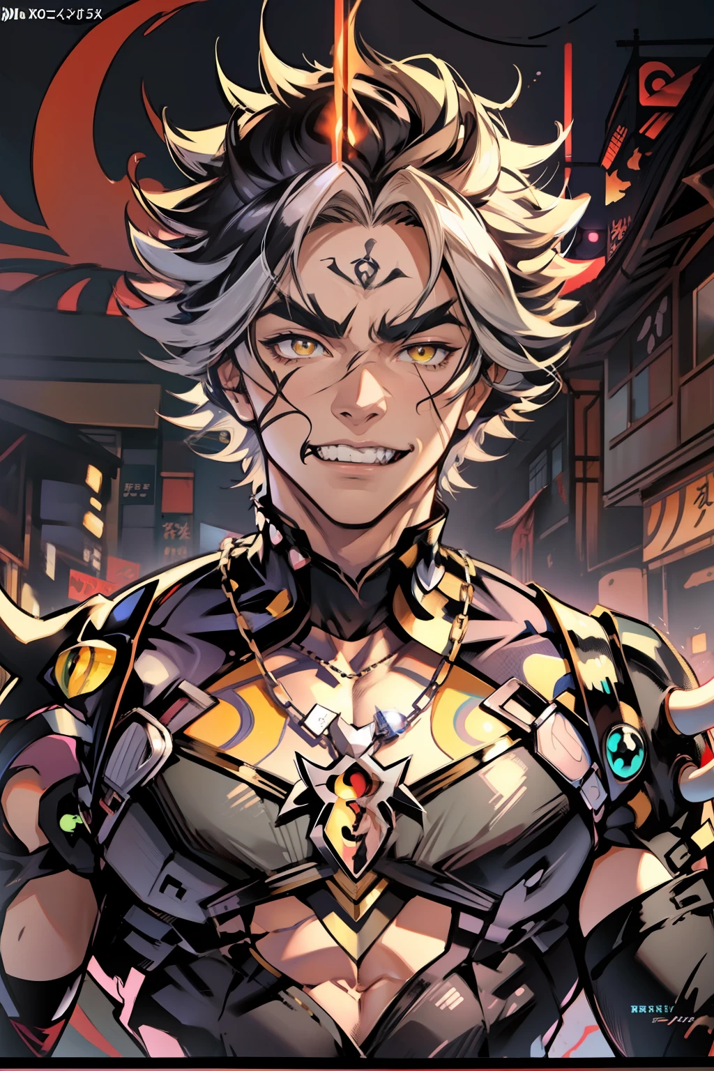 《the original god》Arataki Kazuto , male people,,((Masterpiece)), ((Best quality)), Ultra detailed,((illustration)), Dynamic Angle, Detailed light, (Delicate eyes), Floating, 1boy, Male focus, Head, Clothing, Yellow eyes, necklace, tattoo, (Forehead:0.8), (ahoge:0.8), jewelry, apathy,Ray, chest muscle, Sexy , Venom symbiote for your body, Black mucus of the body , (into venom), Venom,frontage,style of anime4 K, 4K anime wallpaper, Badass anime 8 K, 4 k comic wallpaper, young anime man, Anime boys, Anime wallpapers 4 k, Anime wallpaper 4K, High quality anime art style, Anime moe art style, Anime art wallpaper 8 K, Anime art wallpaper 4 K, RGB lighting