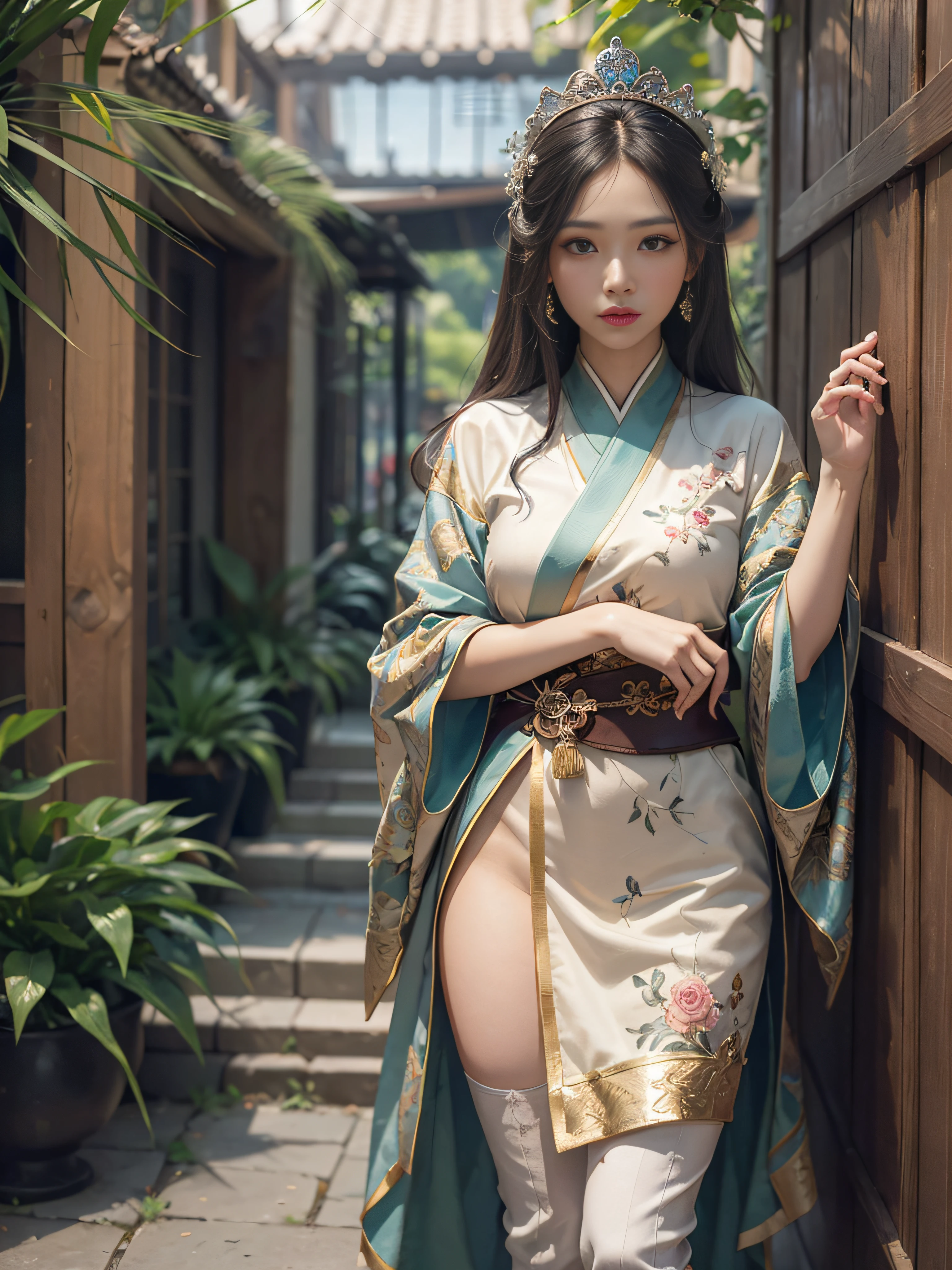 Royal sister,Big sister type,Oriental women,gallant woman,Cold sass,,tmasterpiece,A high resolution,,Absolutely beautiful,,are standing,Queen temperament,exquisitedetails,A high resolution,Wallpapers,1female,独奏,,enchanted、Raised sexy, Rich expressions, trinkets,Fluttering, Hanfu,,long trousers,Long boots,Reveal the appearance of long boots,Show stockings,over knee socks,embroidery, natural poses,standing on your feet, Fanning,16K,HDR,A high resolution,depth of fields,Bocoon,prime time,Vignette,rainbowing,(Wide buttock:1.4),(Thick legs:1.4)