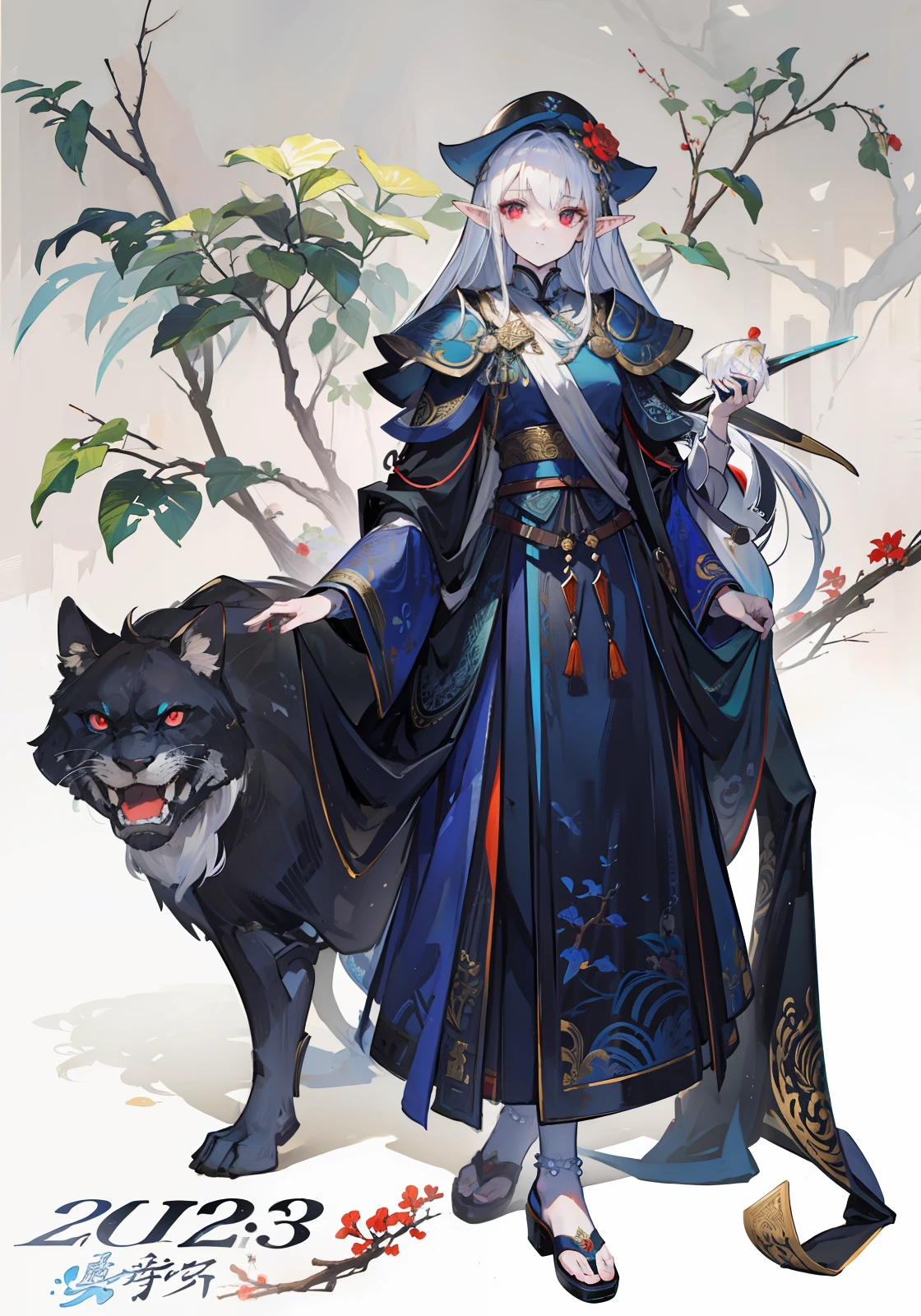 Masterpiece, Highest quality, (solofocus), (Perfect face: 1.1), (High detail: 1.1),elf, Man, Dramatic, 1人, (Pale skin),and long white hair, Red eyes, [Light eyebrows], Solo, Detailed background, Cinematic lighting, wearing a detailed and intricate xianxia antique outfit，（Perfect face:1.3），The eyes are blue