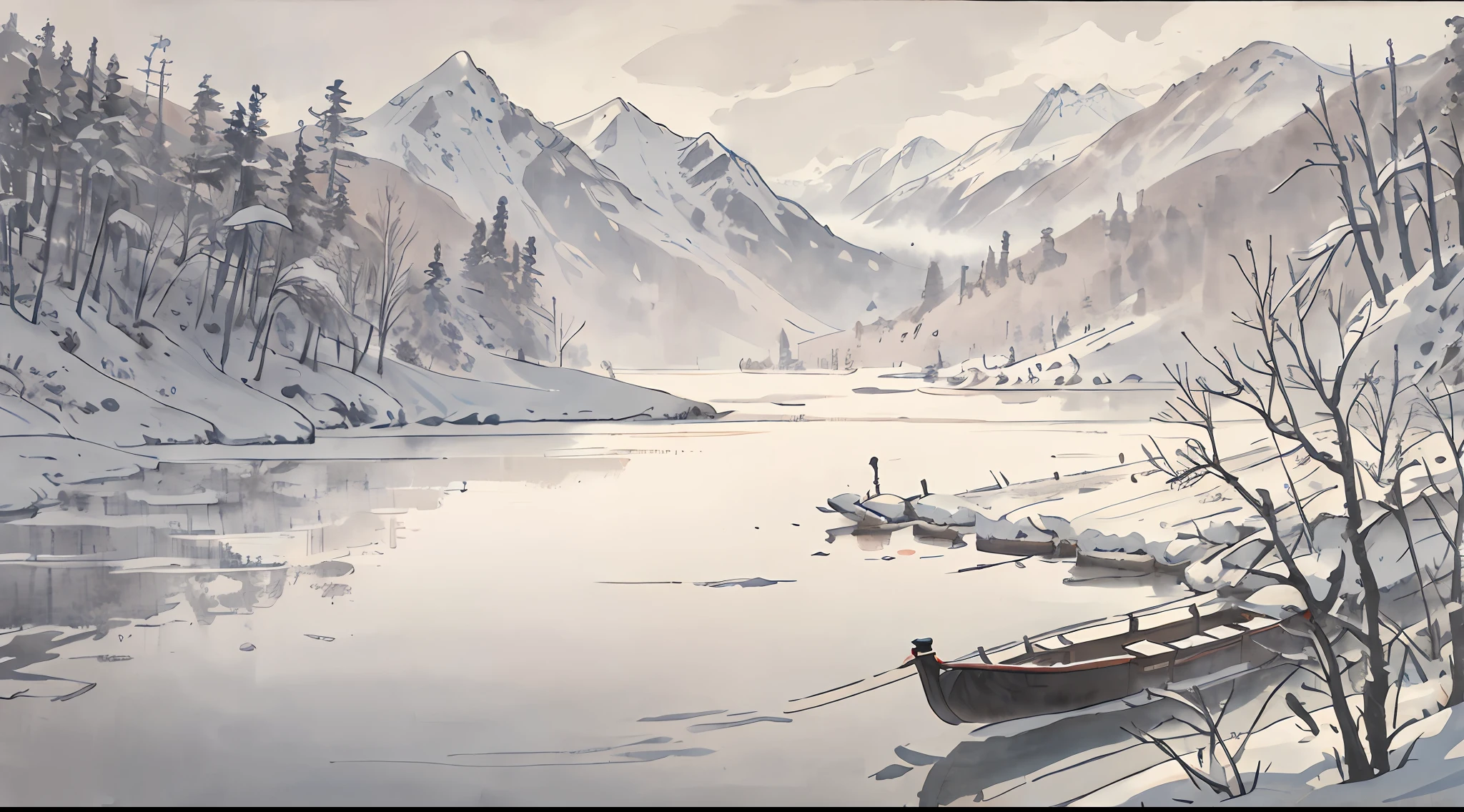 tmasterpiece，HighestQuali，China splashes ink landscapes，Faraway view，独奏，Homem-Imponente，Snowy days，drifting snow，The mountains on both sides are covered in snow，Boat in the river，Old man fishing on boat，fishing pole，Focus on fishing，Bamboo cloak，Black-brown coat，About to disappear into the distance，Reflection in the water，Water surface fog，the detail，facing away from the audience，