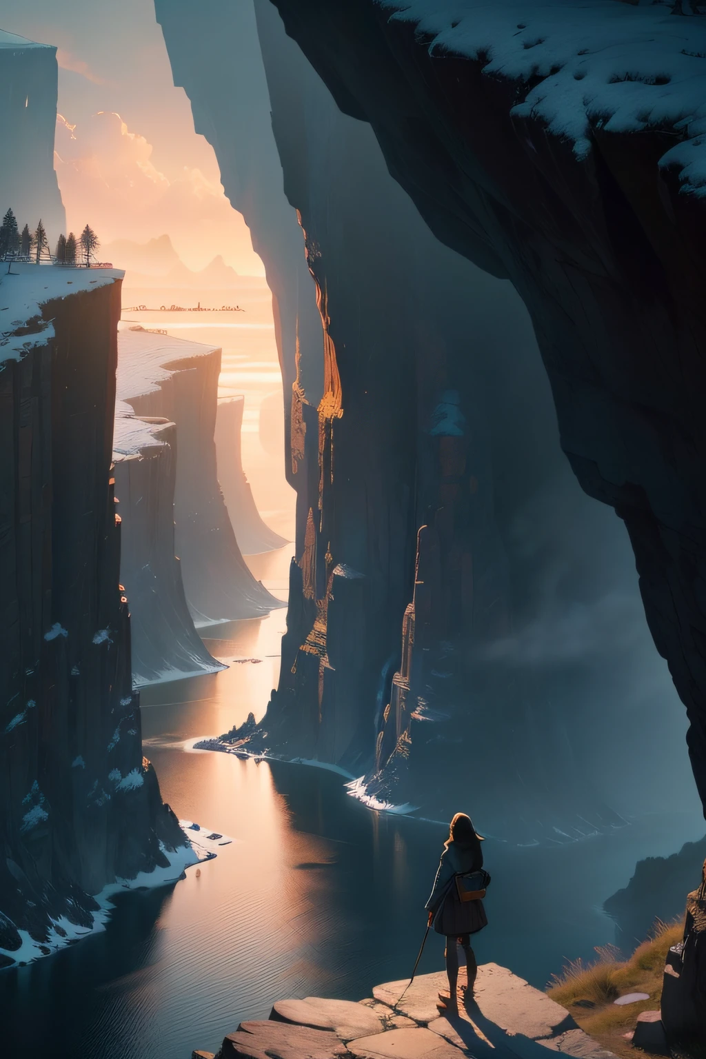 Craft a mesmerizing scene that deeply connects with the viewer, evoking a range of emotions and leaving an indelible impact without relying on words. Use a vibrant and contrasting color palette to intensify the visual impact. Depict a solitary figure standing at the edge of a breathtaking cliff, overlooking a vast and awe-inspiring landscape. Let the figure's posture and facial expression convey a mixture of awe, contemplation, and a hint of melancholy. Surround the scene with elements of nature, such as swirling clouds, distant mountains, or a cascading waterfall, to enhance the immersive experience. Infuse the atmosphere with a touch of magic or mystery, perhaps through subtle glowing orbs or ethereal light. Allow the composition and details of the scene to captivate the viewer and invite them on an emotional journey that lingers in their thoughts long after they've seen the artwork., intricate, masterpiece, expert, insanely detailed, 4k, composition, framing, centered, symmetry, painted, intricate, volumetric lighting, beautiful, rich deep colors masterpiece, sharp focus, ultra detailed, in the style of dan mumford and marc simonetti, astrophotography