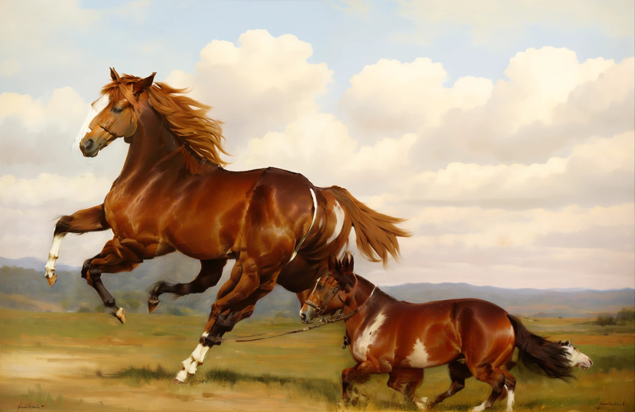 Horses and dogs run together，OilPaintStyle，Light-colored dogs，Date red horse