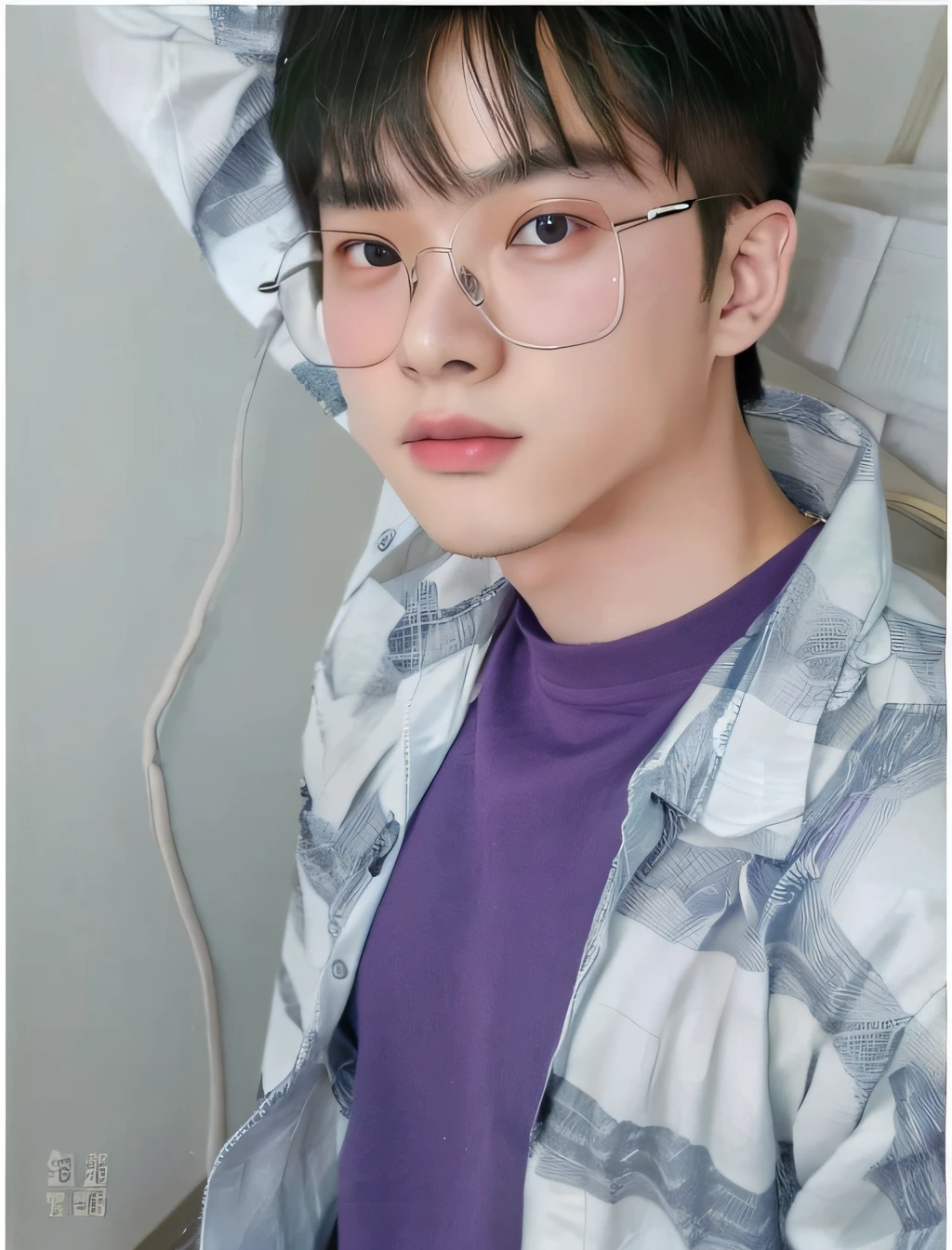 Close-up of a man wearing glasses and a purple shirt, hong june hyung, yanjun cheng, personal profile picture, 18 years old, very very low quality picture, 1 6 years old, xintong chen, Male ulzzang, he is about 20 years old, he is about 2 0 years old, Shin Jinying, xision wu