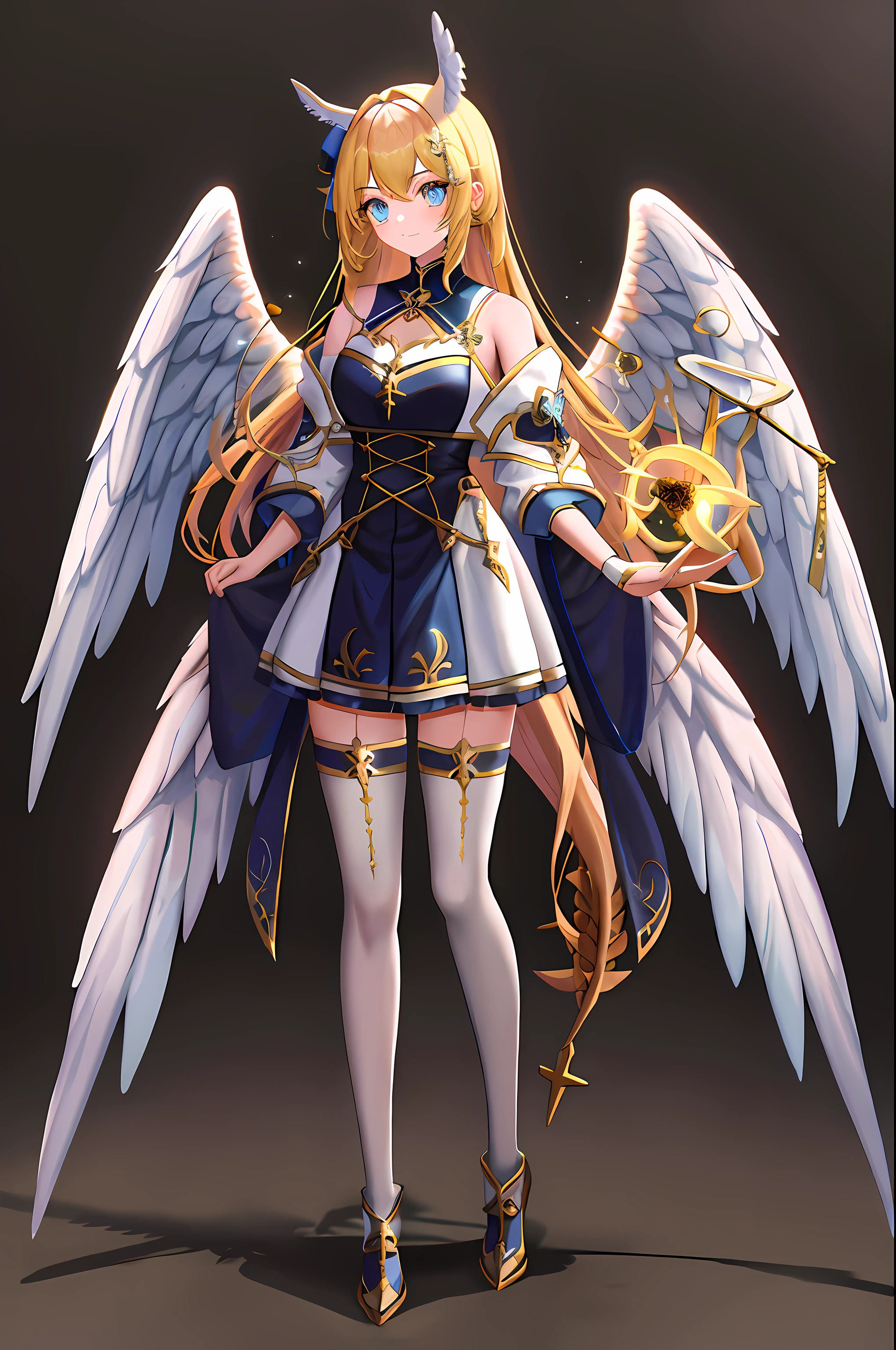 ,teens girl,Blue pupil, Angel wings, golden hair,dual horsetail[White stockings],Full body painting,