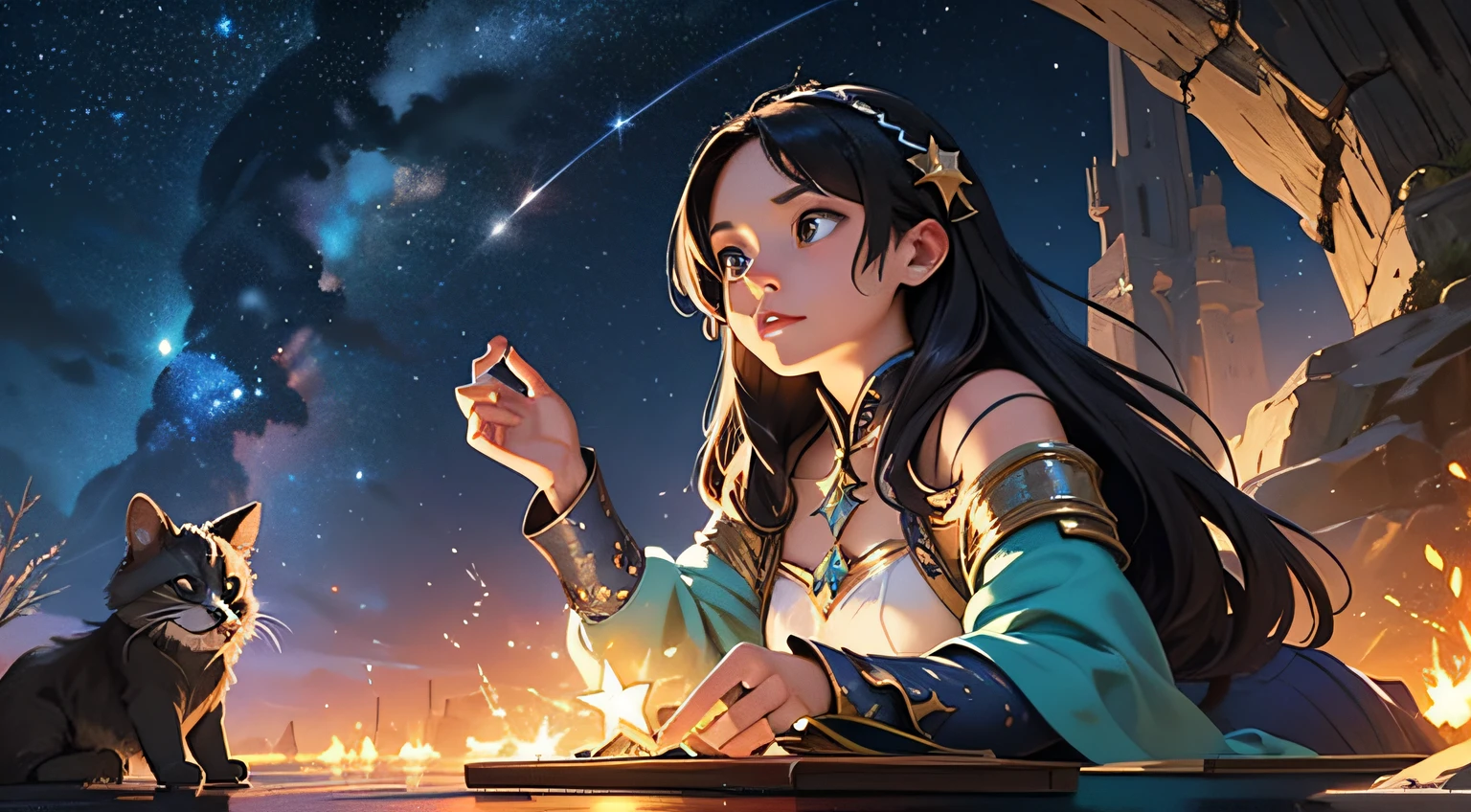 The starry sky shining in the dark night is filled with awe and wonder,When the maiden roams the world of fantasy and adventure with a star in her hand,Surrounded by fantasy elements,Spark your imagination,Embark on a journey of endless possibilities。