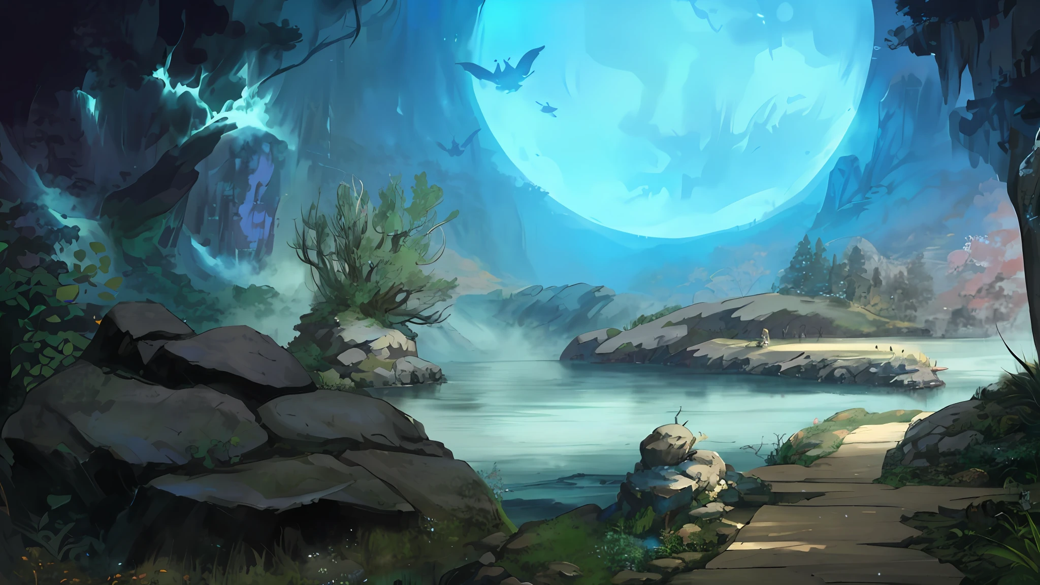 Mountain landscape painted with waterfalls and trees, Onmyoji detailed art, arte de fundo, background artwork, epic dreamlike fantasy landscape, Concept art wallpaper 4K, onmyoji, concept-art. epic landscapes, Detailed scenery —width 672, ethereal landscape, Dreamy landscape, dreamlike digital painting, Fantasy landscape painting, Fantasy art landscape，Moonlit lake