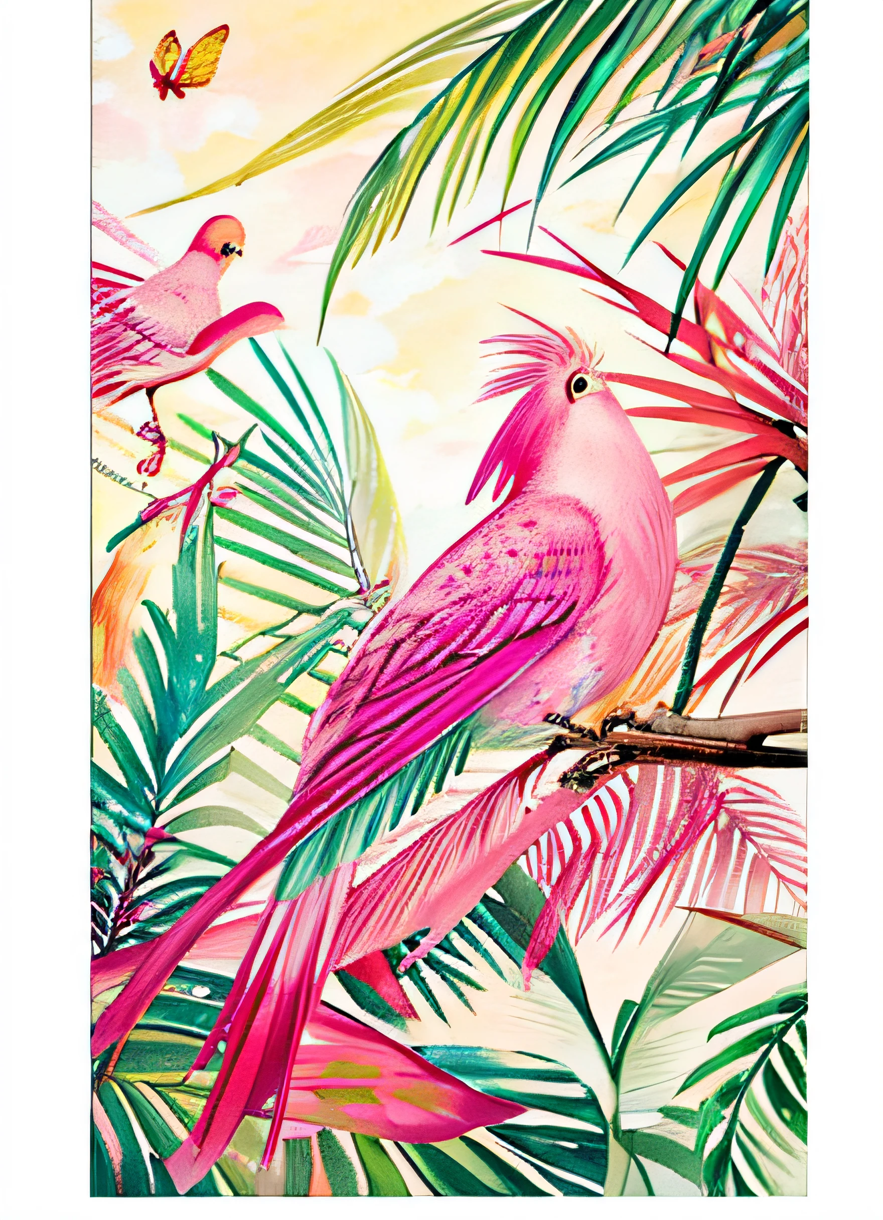 a drawing，Two pink and gray birds sit on top of a tree, tropical birds, canvas art print, Graphic print, Birds and trees, painted illustration poster, Colorful birds, parrots, Bird-of-Paradise, nature painting, mystical birds, bottlebrush, birds and butterflies, artwork of a, lush gardens hanging, watercolor artwork of exotic, birds in the sunlight