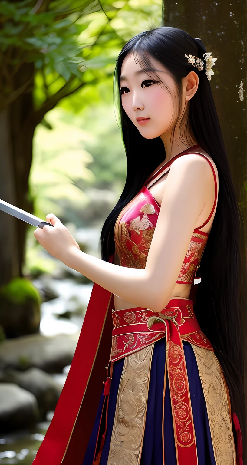 In the midst of tranquil and beautiful ancient landscapes,Sunlight shines through the dense foliage,Reflected on the clear stream。There is an old wooden house by the stream,Under the eaves hang strings of crystal wind chimes,Crisp and pleasant wind sound。
At noon,Elegant antique beauty in a tulle dress,Her long black hair fell to her waist like a waterfall。Her eyes were shining,His eyes shone with determination and determination。Holding a delicate ancient sword in his hand,The body of the sword is set with beautiful glazed gemstones,The scabbard is carved with elaborate patterns。
The beauty slowly walked to a flat clearing,A wisp of petals gently fell beside her,Lingering around her,It's like a sea of flowers in bloom。She stroked the body of the sword,A slight smil,The figure is delicate, But it exudes a powerful aura。
The ancient beauty's body turned slightly,Sword dance,Like a dancing fairy。Her sword dance is fast and coherent,The sword is fierce and elegant,Every swing carries a sword qi,Such as dragons and cranes,Like dancing feathers。Dance inside the body,Her eyebrows reveal an otherworldly temperament,It was as if he had become the embodiment of sword intent。。
Her sword dance moves incorporate ancient martial arts,Elegant posture and precise swordsmanship,Movements,Each style showcases her skills。There seemed to be a mysterious surge of power in the sword dance,Wind and clouds around you,Flower petals flying,The mountain birds also seem to have stopped,It was as if the whole world was immersed in her sword light。