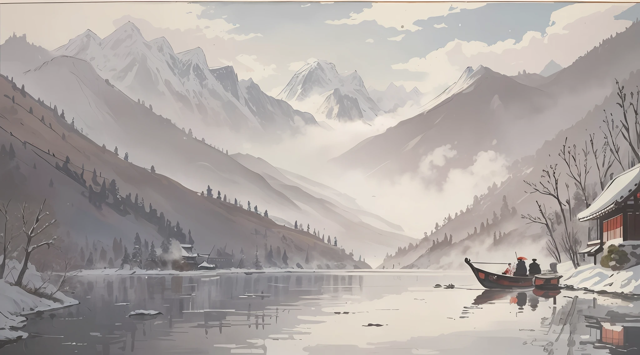 Boat painting on the river,The background is a mountain, inspired by Katsushika Ōi, Inspired by John Christian Dahl, Mist, mountain scene, author:Joseph Ignaz Appiani, author:Samuel Coleman, inspired by Kōno Michisei, author:Adolf Hozel, author:Anton Radescheit