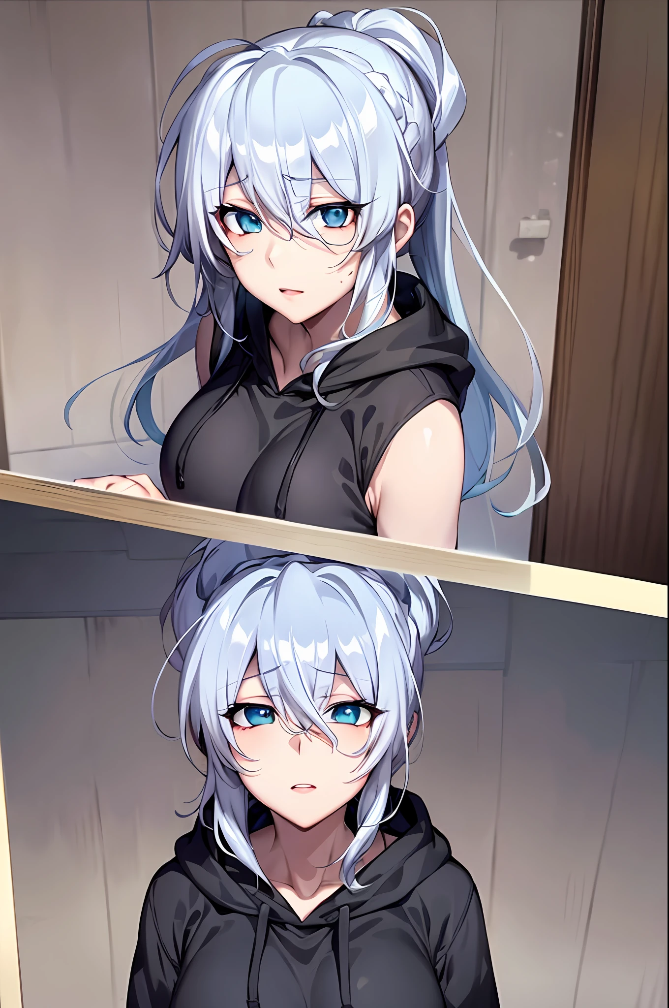 Yukino, Silver hair and eyes in a black hoodie, anime visual of a cute girl, screenshot from the anime film, & her expression is solemn, in the anime film, in an anime, anime visual of a young woman, she has a cute expressive face, still from anime, perfect breast