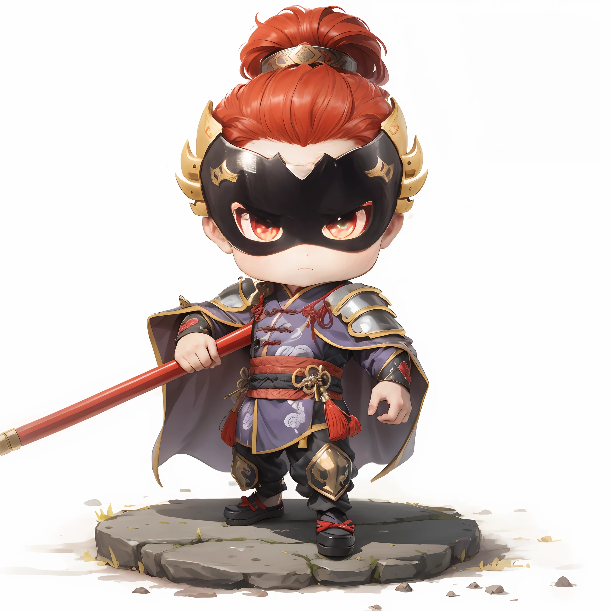 of a guy,ancient Chinese costume,Chinese style armor,China Cold Weapons,Chibi anime characters,Chinese style,Chinese costumes,Chinese shoes,Refinement,Cloak,Chinese pattern,Silver armor,Horse steps,Determined eyes,with a determined look in his eyes,high definition detail,infinite details,tmasterpiece,HighestQuali,8K combat stance, confident heroic pose, mid view