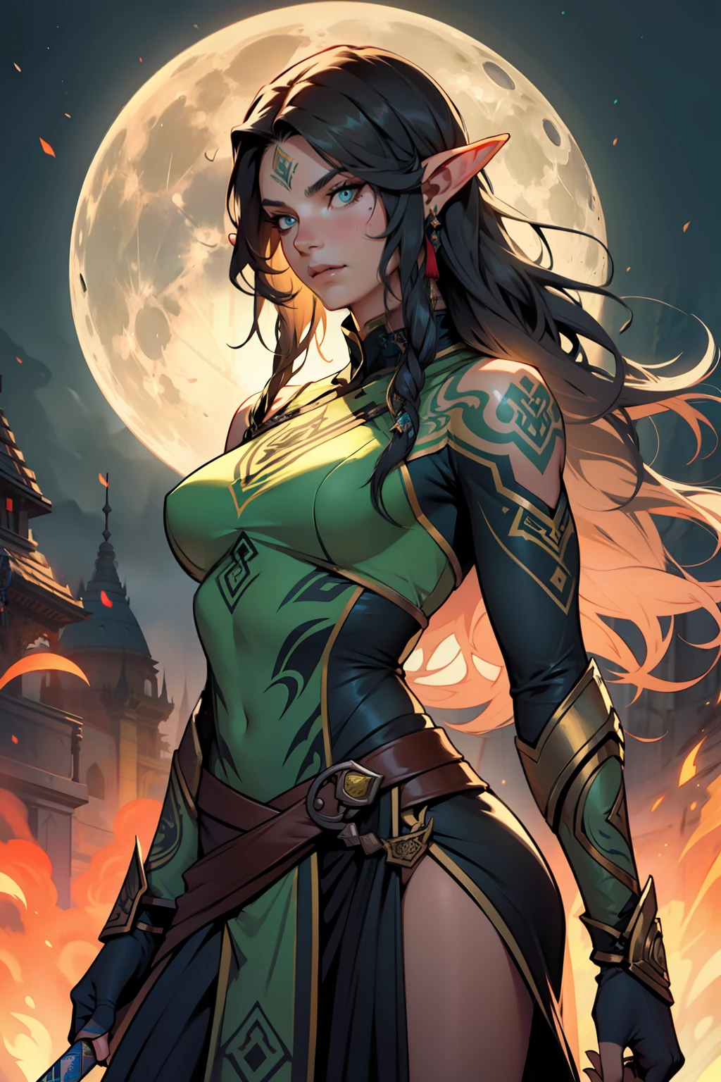 The facial features are clear and three-dimensional，Masterpiece，Highest quality，Elven female, Hot figure, Green long hair，Big wavy hair， bronze skin,heroic look, Beautiful and determined, Feminine,Strong,, shaman，Tattooed with，Facial details, The face is delicate，Beast animal skin skirt，assassins，ninjartist，hitman，tightsuit，Red dagger，moon full，