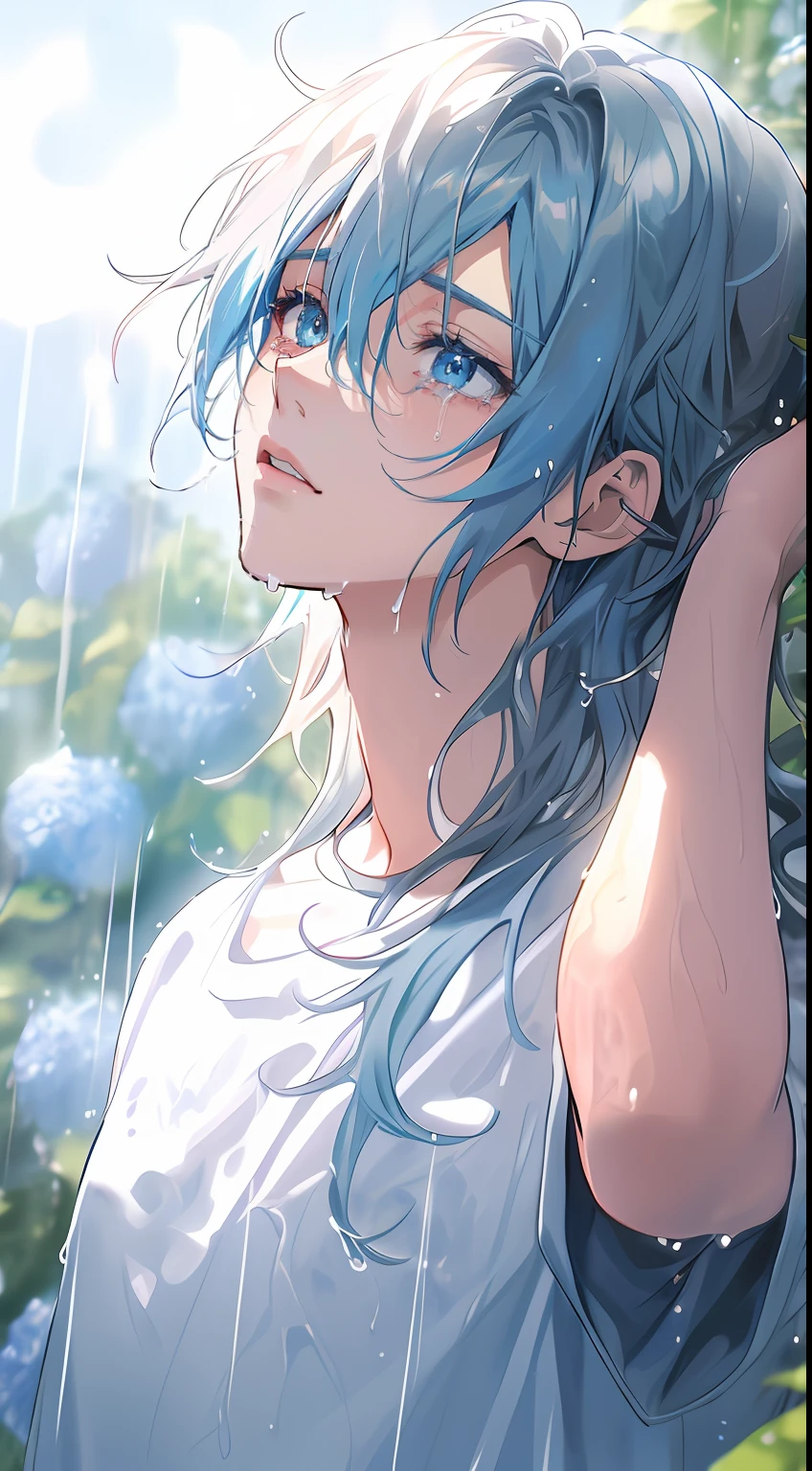 Anime - style image of man with blue hair and white shirt, Slender eyes, Sateen, detailed fan art, After the rain, Rain!!!!, Beautiful depiction, 4 k manga wallpaper, by Shitao, Wallpaper Anime Blue Water, after rain, tears in the rain, Detailed Digital Anime Art, clean detailed anime art, Sateen!, Rain. Hyper Detailed