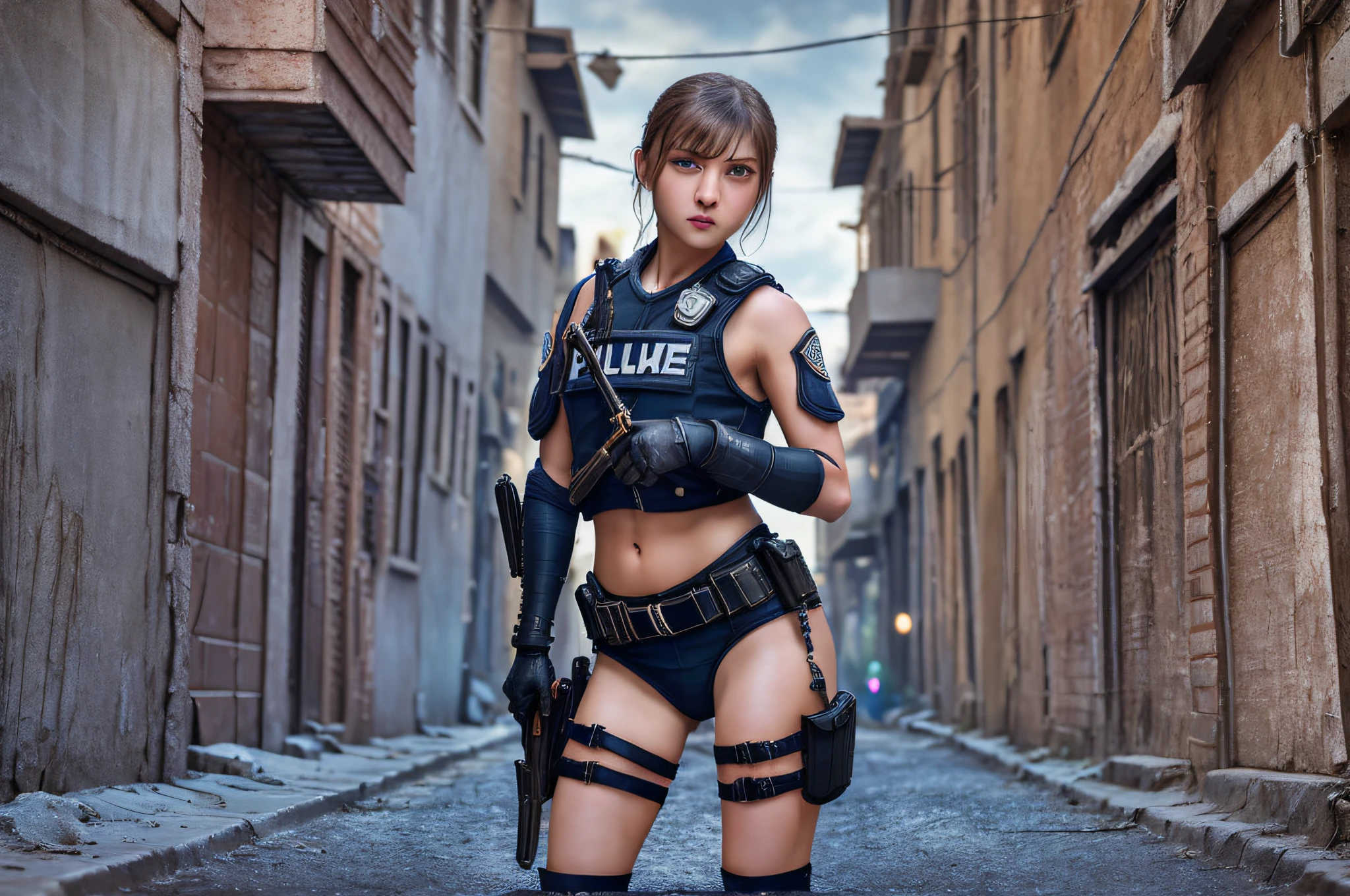 Beautiful swat girl fights and catches killer in the alley, short hair, blue eyes, Conceptual art, best photo shot, glowing light, realistic, UHD, textured skin, masterpiece, anatomically correct, best quality, 8k, full body, police line