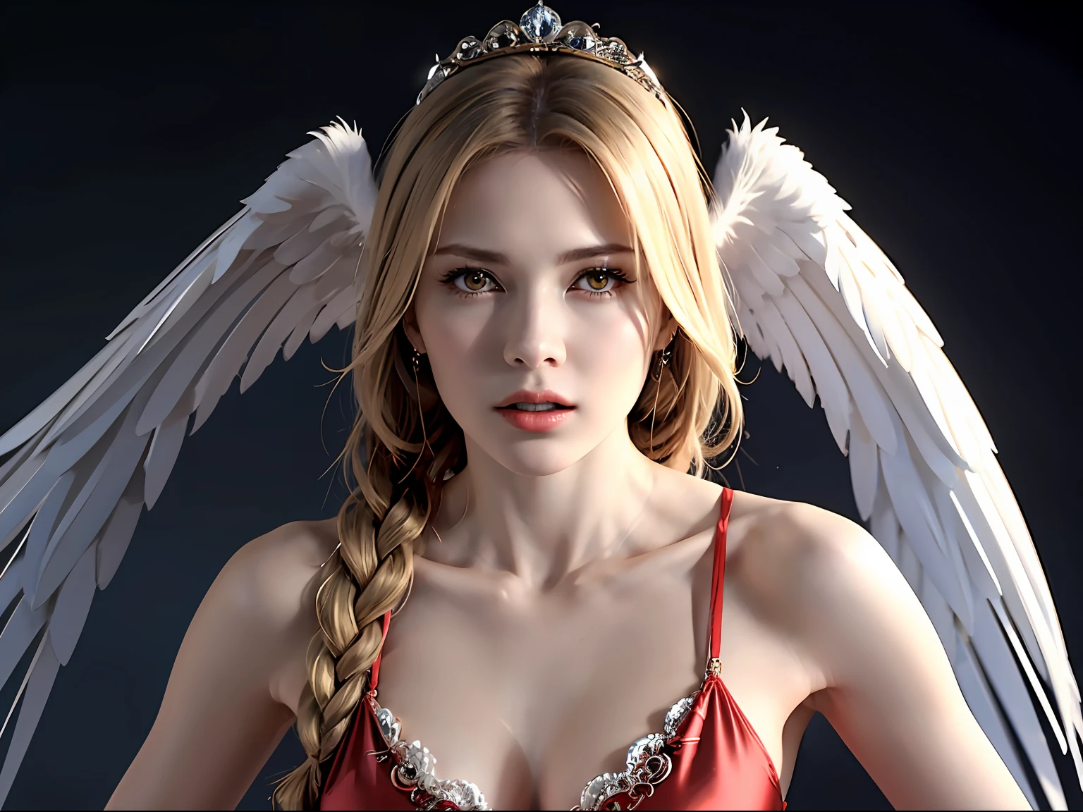 Ultra detailed complex 3D rendering of face, (big breasts: 8.8), (masterpiece, top quality, octane rendering, 8K), glamour shot full body image, cleavage, (highly detailed skin: 1.2), (exposure: 1.1), (blonde), (wearing a plummet tank top of red silk: 1.5)), blonde hair, beautiful white woman with full soft breasts and white skin, one with big ass, long braided hair(portrait))), big breasts, dynamic angles, mystical expressions, ultra-realistic photos, (portrait))), bare feet, futuristic city background, facial muscles, detailed and beautiful queen tiara, in the style of Marvel Comics, clear focus, studio photography, intricate details, highly detailed, detailed yellow eyes, sharp focus, digital rendering, professional, abs, ( ((Sexy Pose))), Natural Jungle, Open Your Mouth Lightly, Mansuji, Open Your Crotch, Seductive Look, Angel Ring, Detailed Angel Wings, Circle of Angels, Beautiful Mouth, Perfect Body Beauty: 1.4,